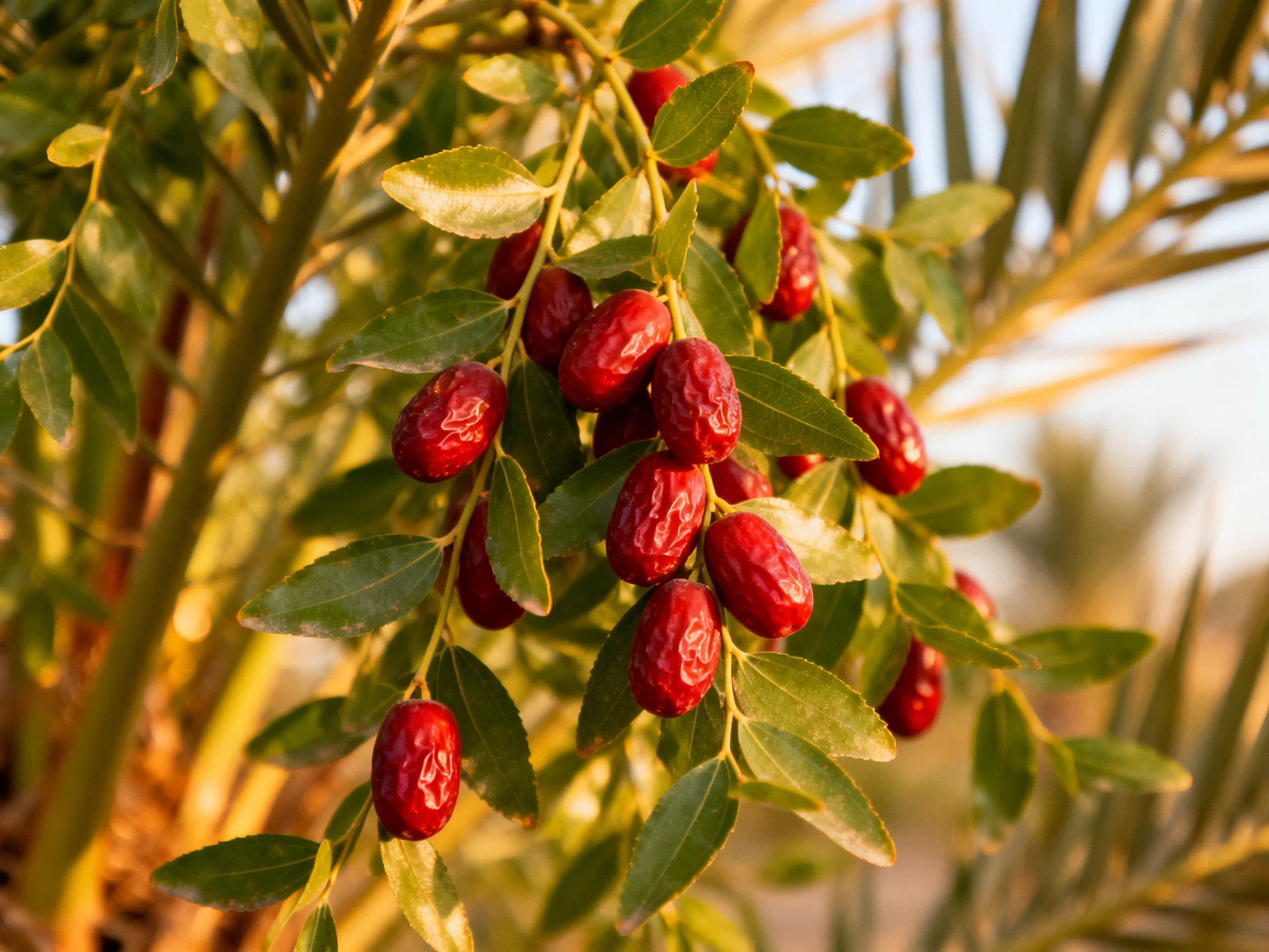 Ripe red dates cluster amid glossy green foliage on a date palm