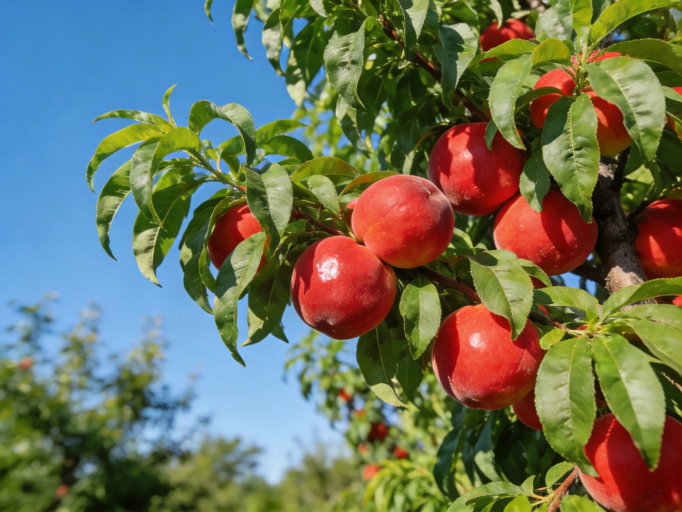 Ripe red fruits cluster on a tree with lush green leaves under clear blue sky