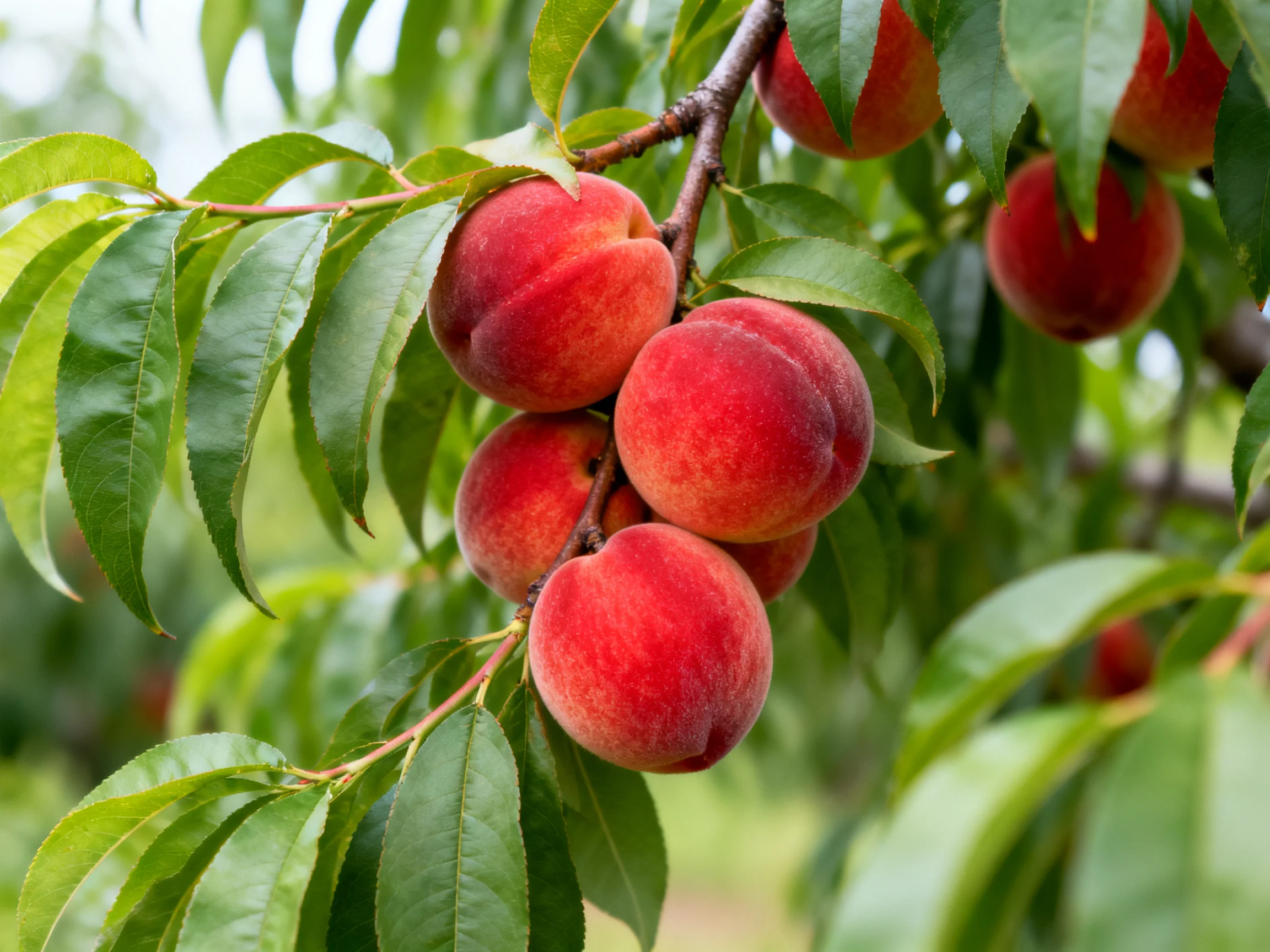 Ripe red peaches cluster on a tree branch with lush green leaves