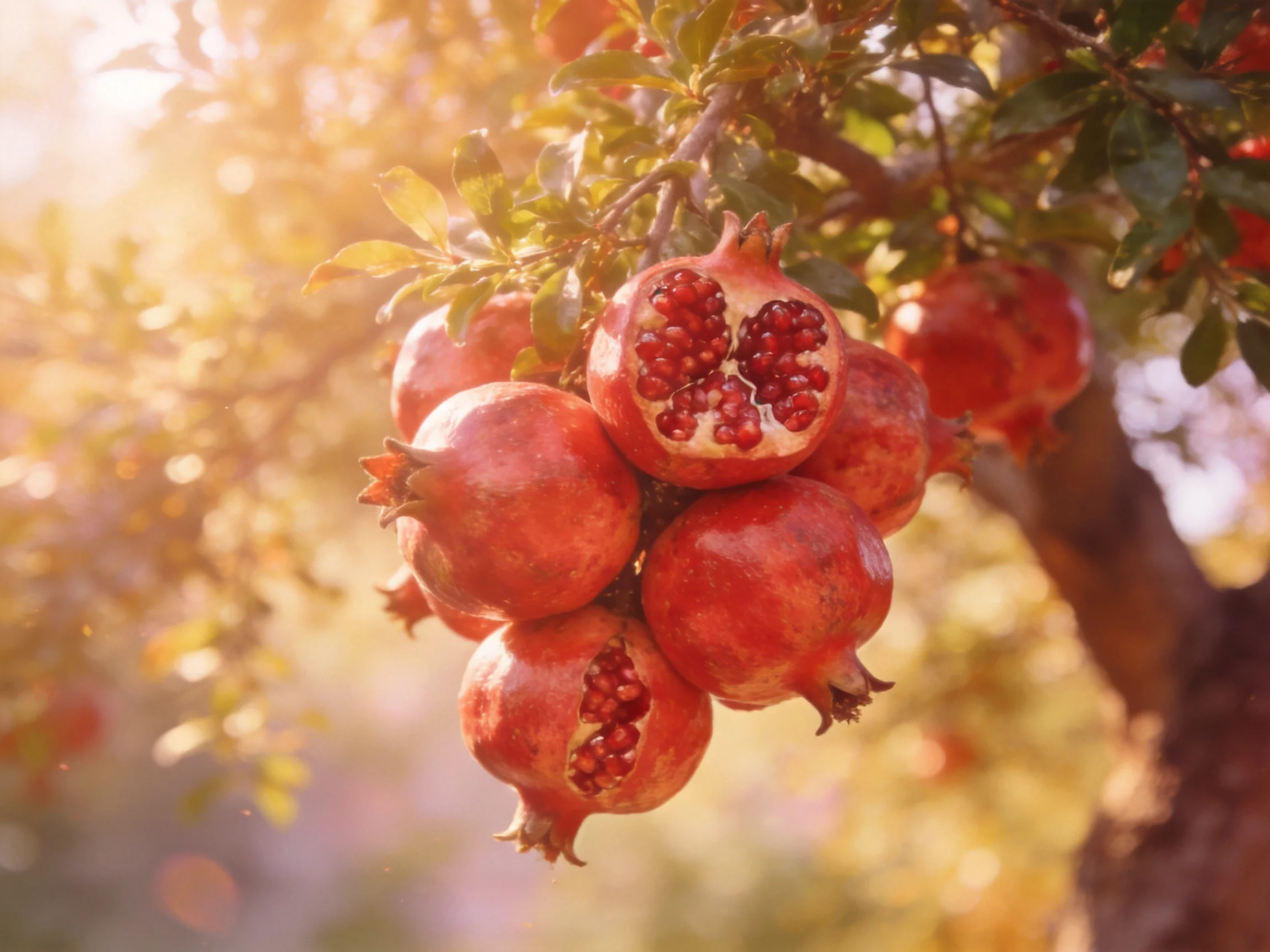 Ripe red pomegranates cluster on a sunlit tree branch
