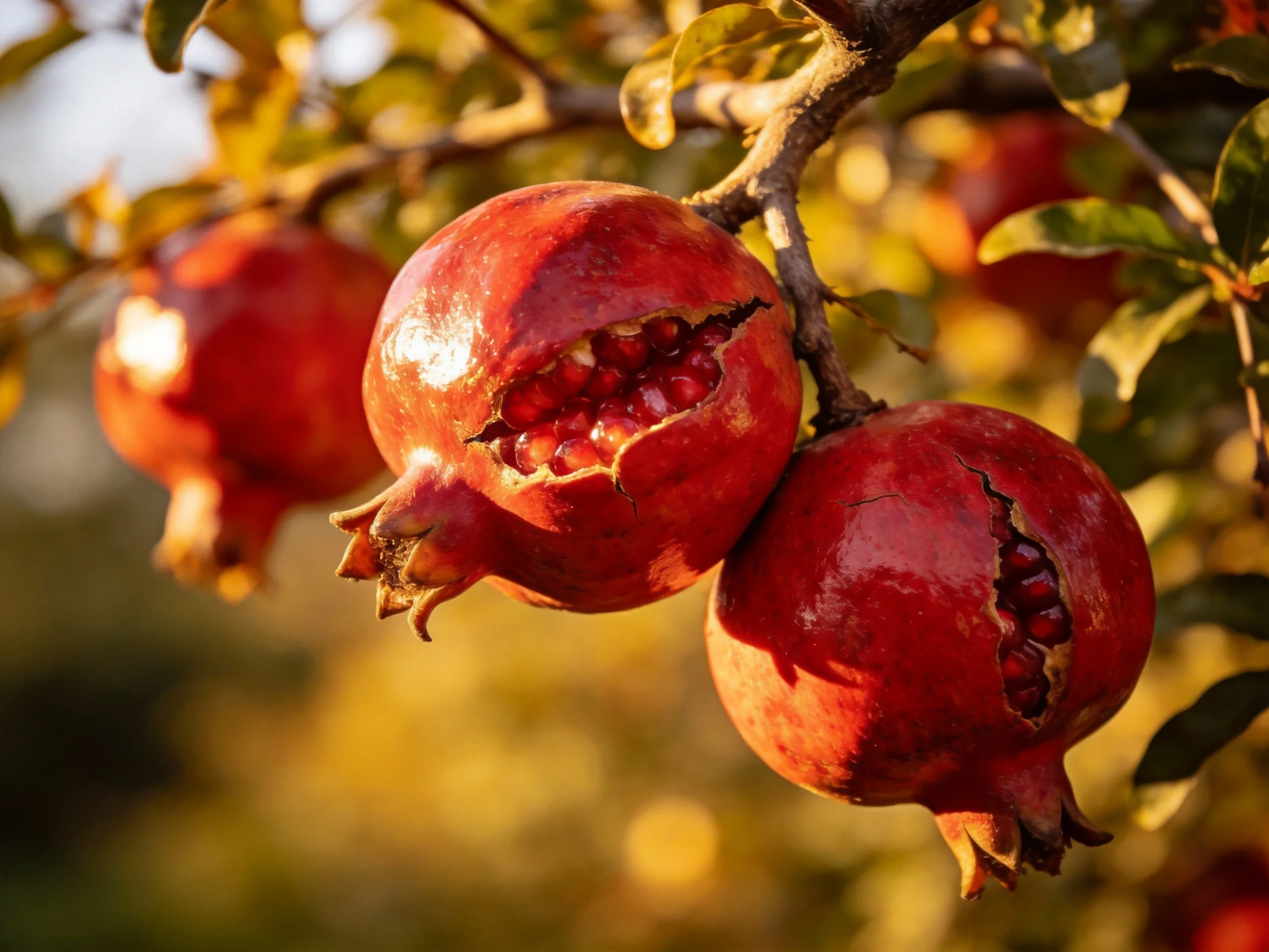 Ripe red pomegranates with cracked skins hang from a sunlit branch