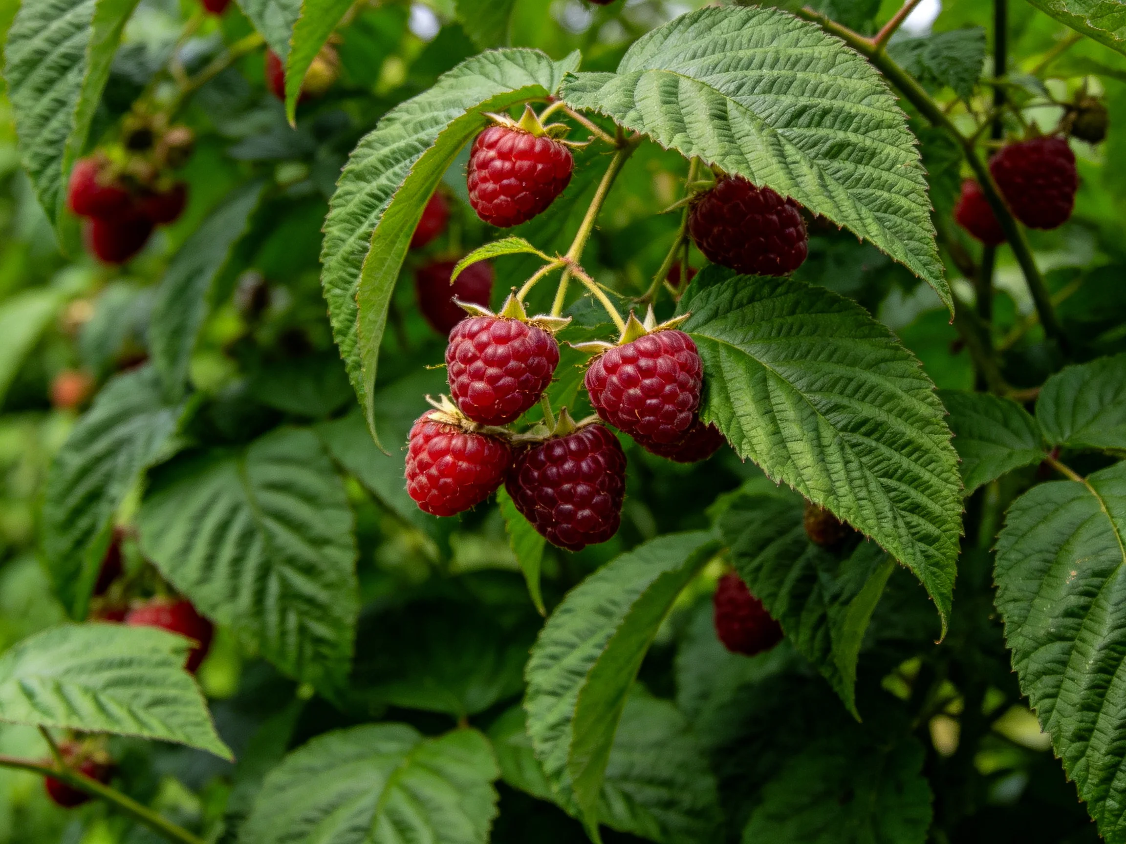 Ripe red raspberries cluster amid abundant green foliage