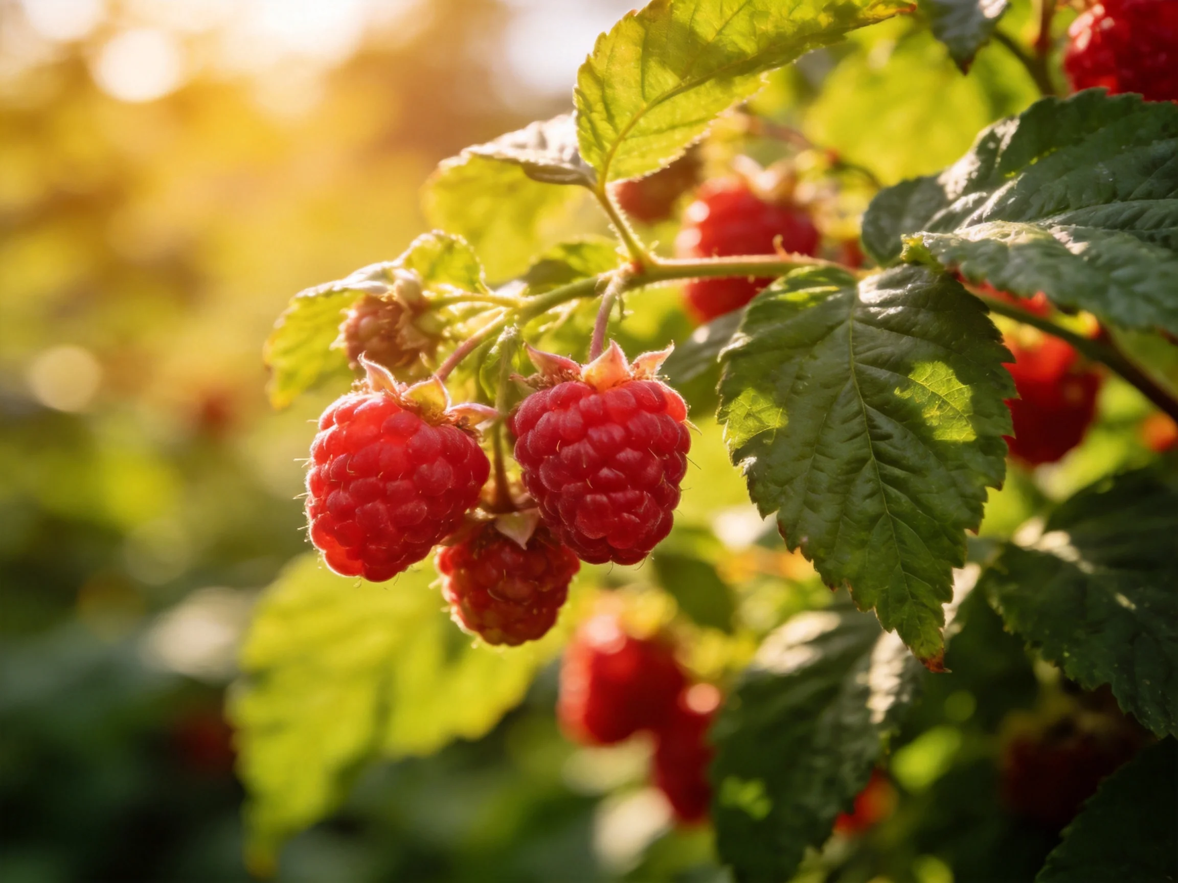 Ripe red raspberries cluster amid lush green foliage in warm sunlight