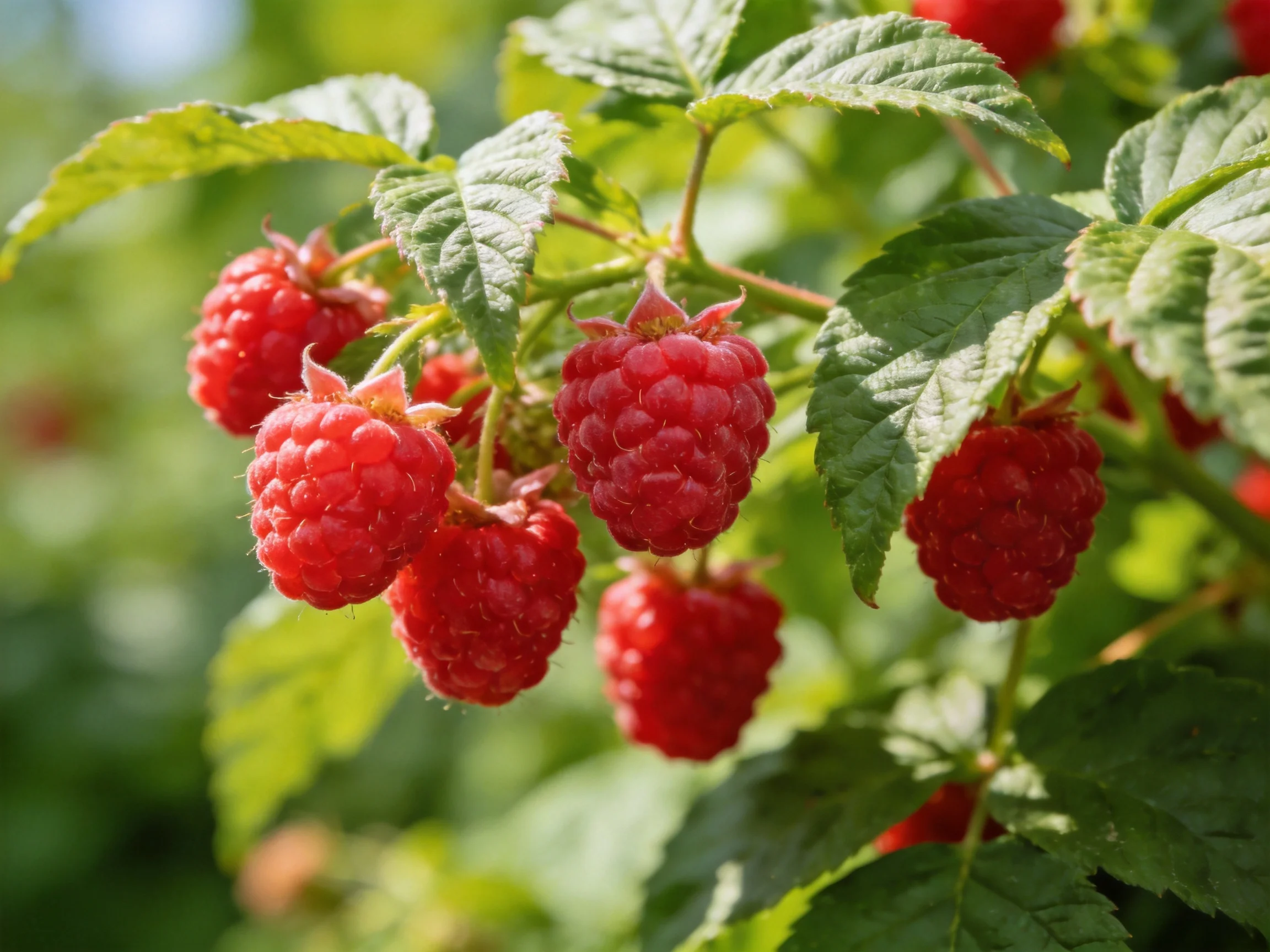 Ripe red raspberries cluster amid lush green foliage