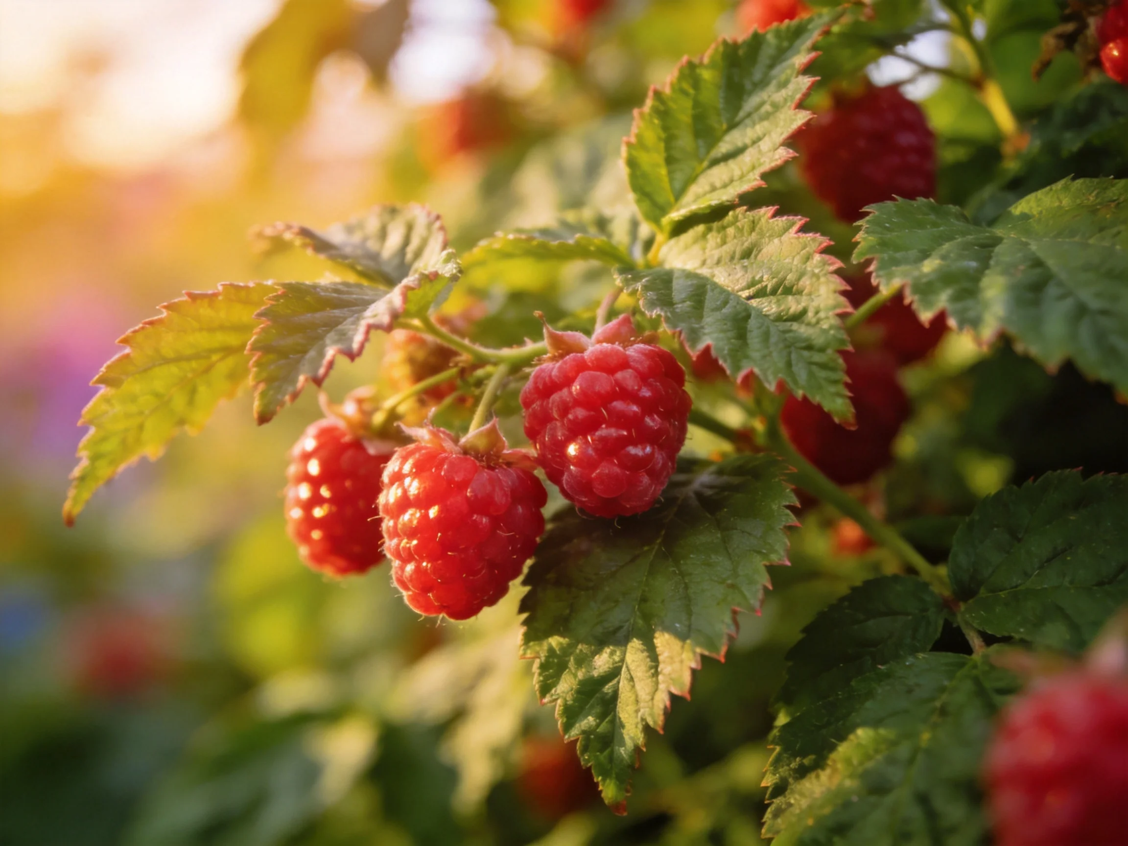 Ripe red raspberries cluster amid vibrant green foliage in golden sunlight