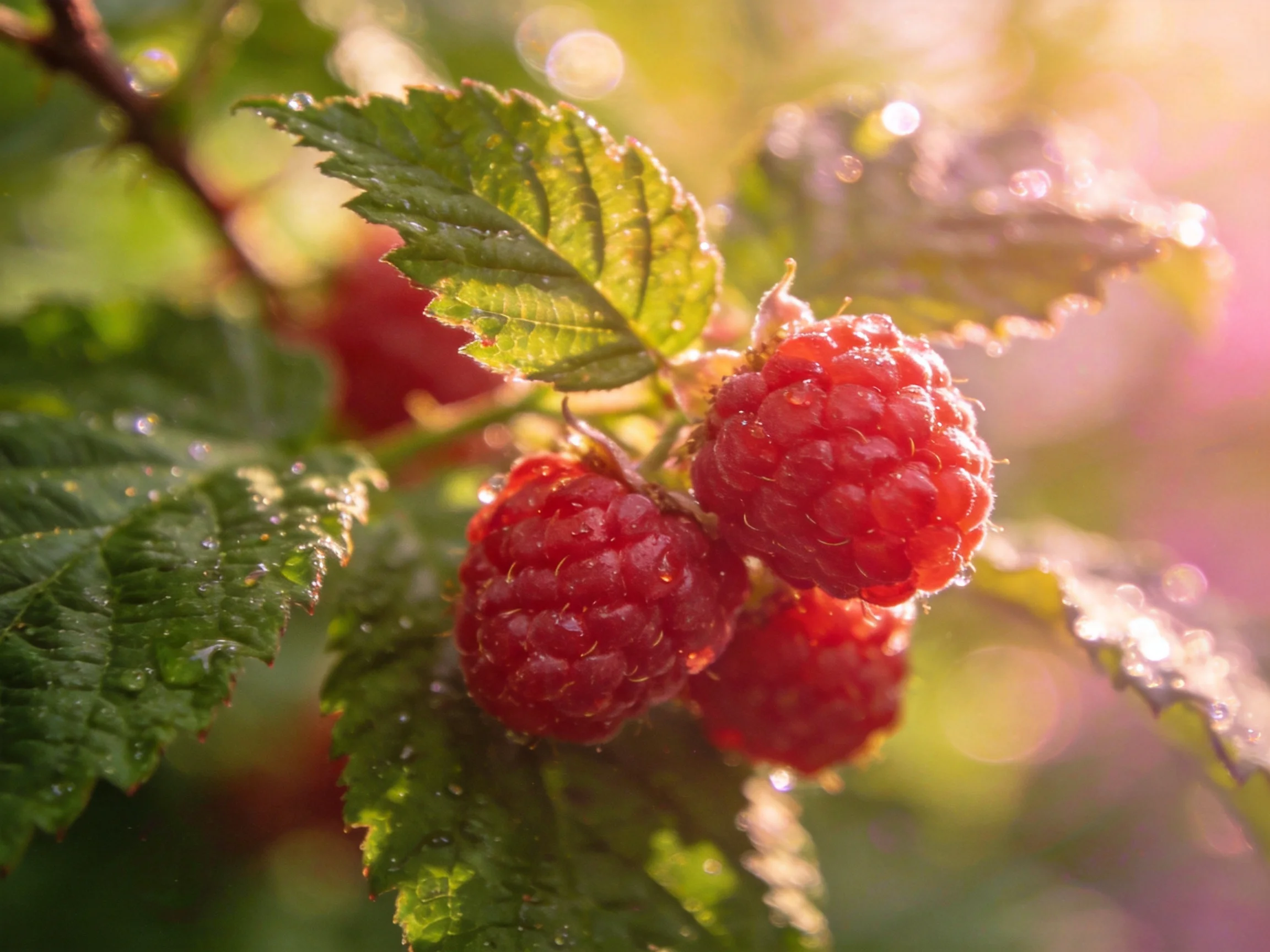 Ripe red raspberries cluster amid vibrant green leaves in soft golden light