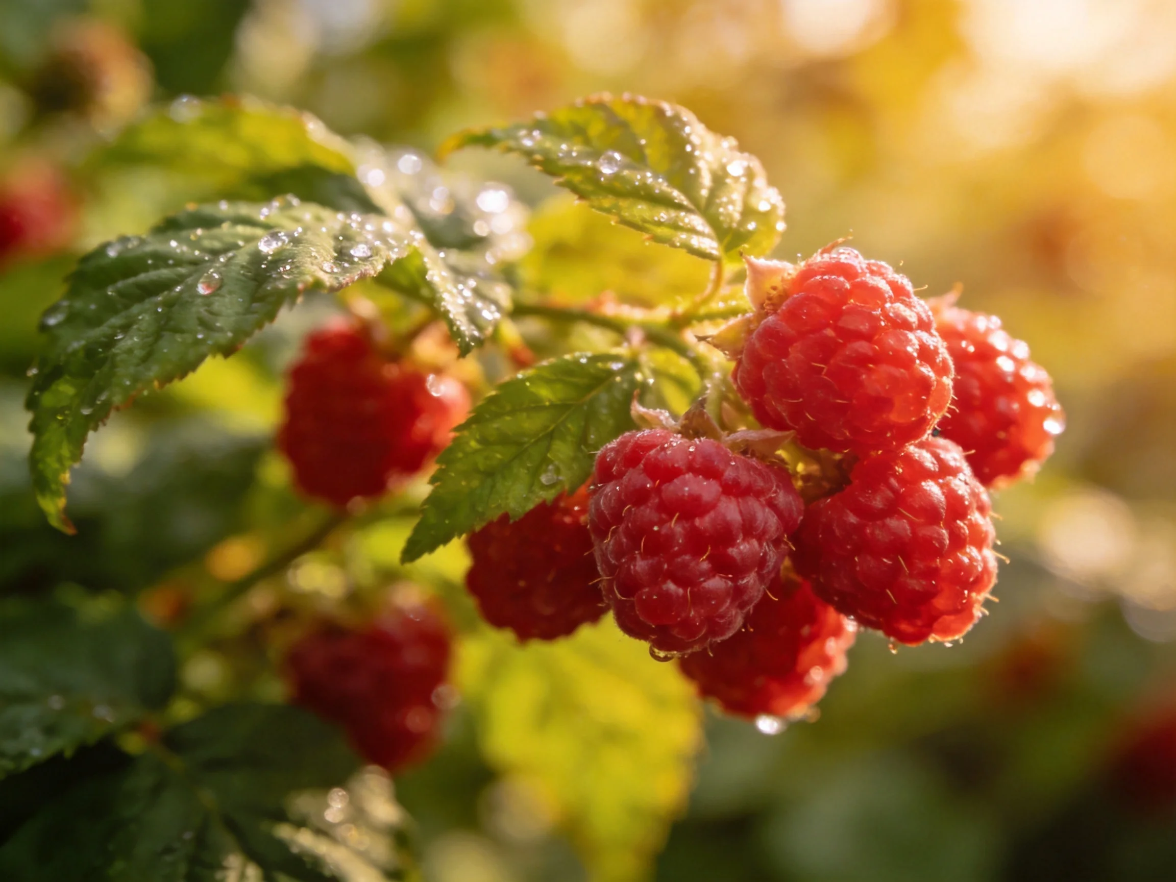 Ripe red raspberries cluster among glossy green leaves with morning dew