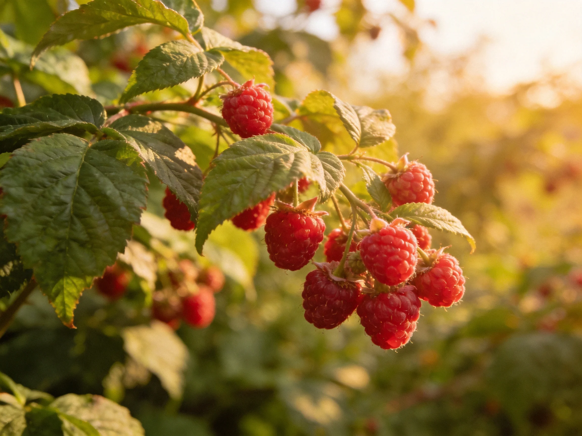 Ripe red raspberries cluster among lush green foliage in golden sunlight
