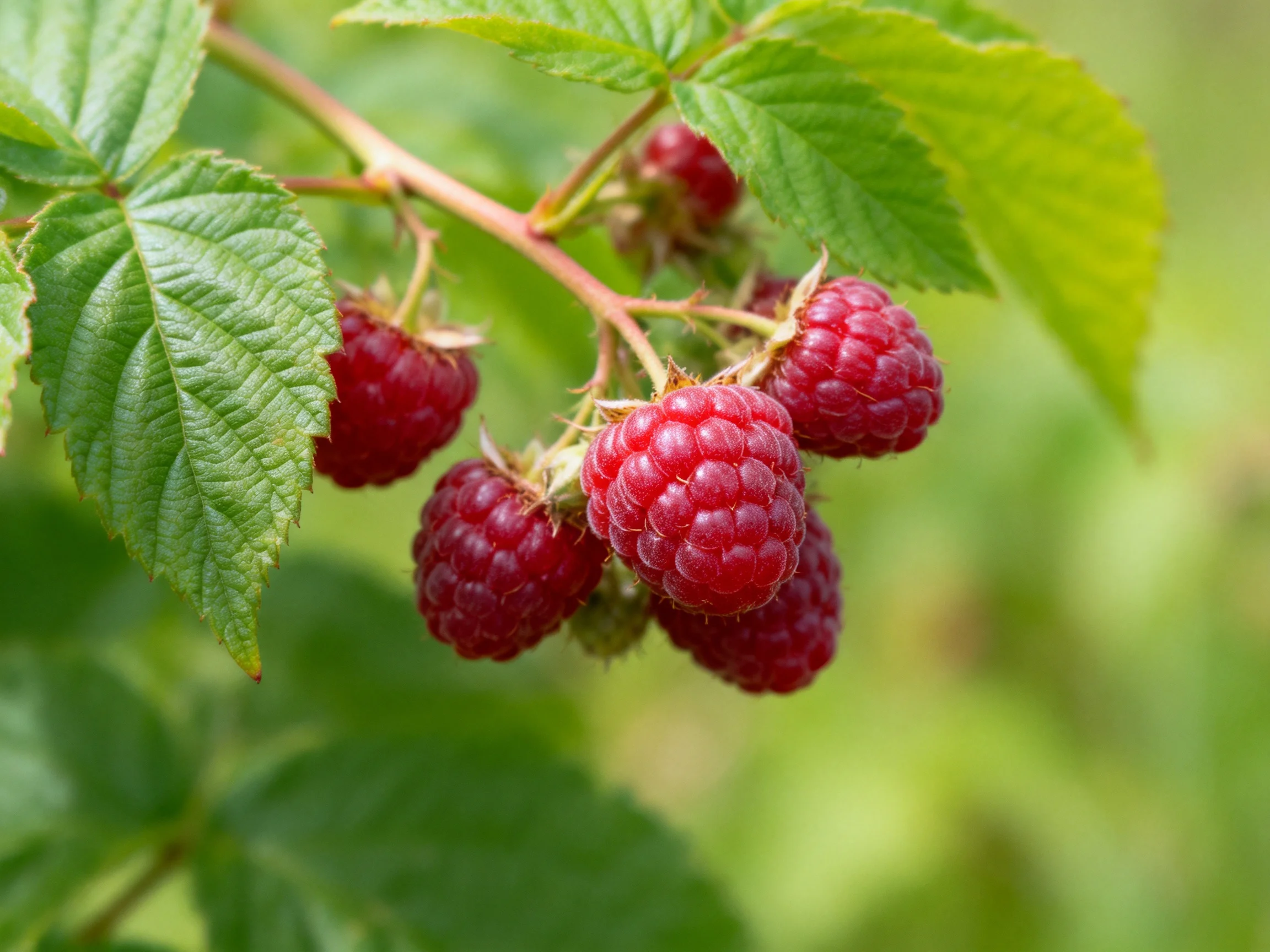 Ripe red raspberries cluster among vibrant green foliage