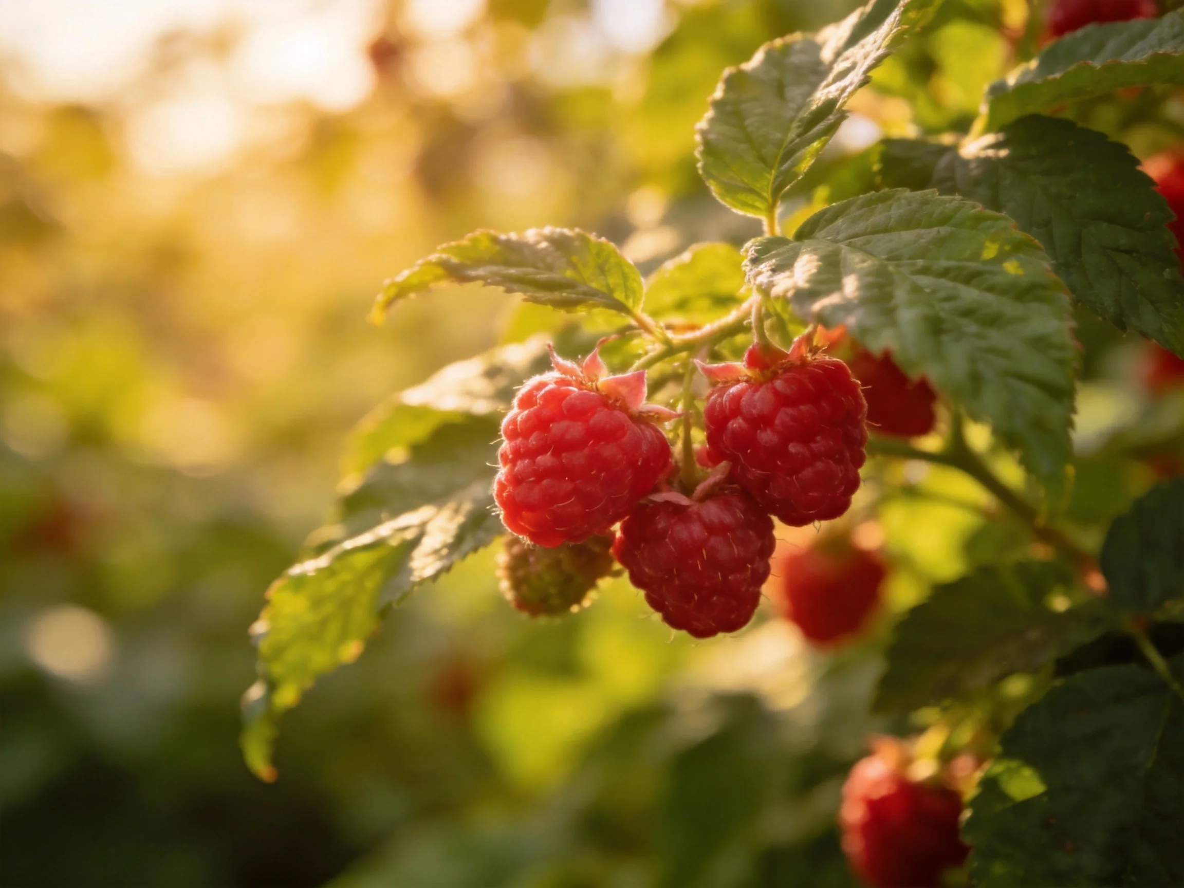 Ripe red raspberries cluster among vibrant green leaves in golden sunlight