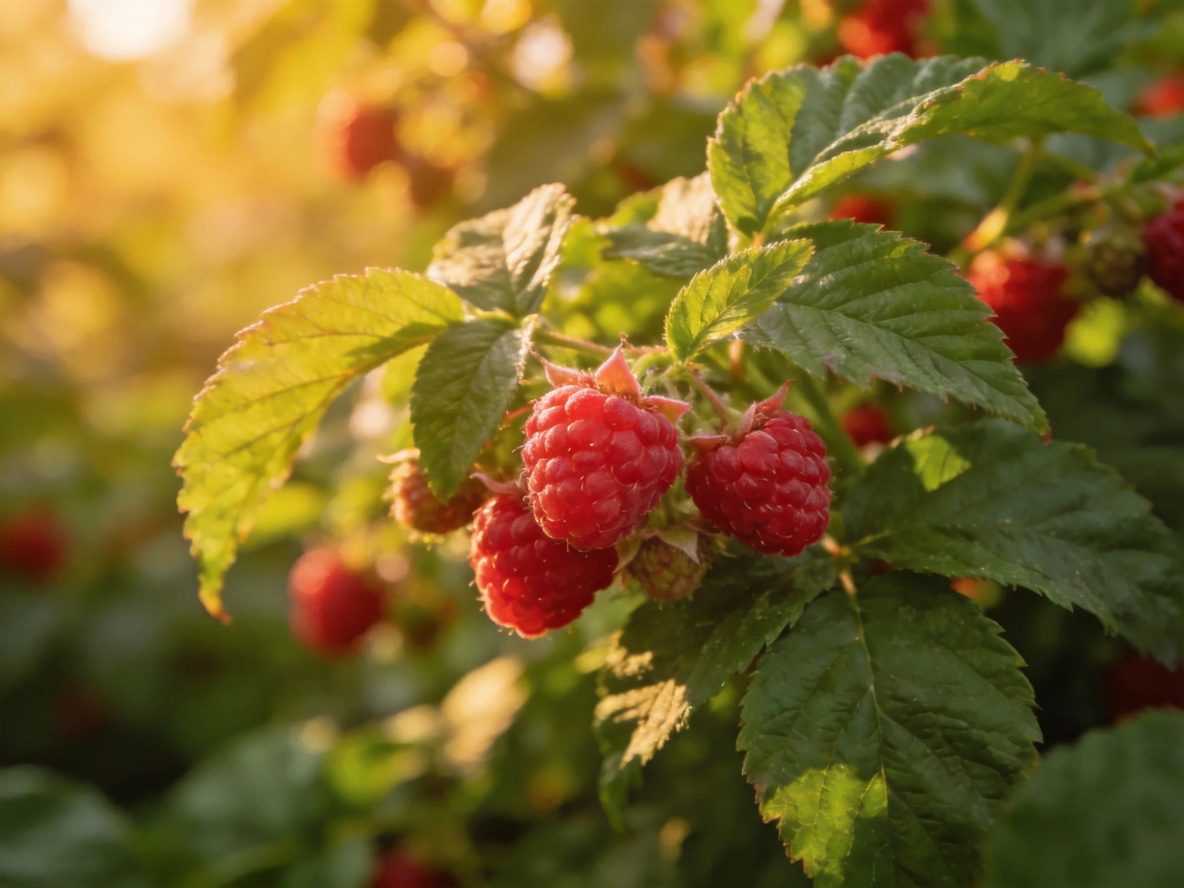 Ripe red raspberries cluster among vibrant green leaves in golden sunlight