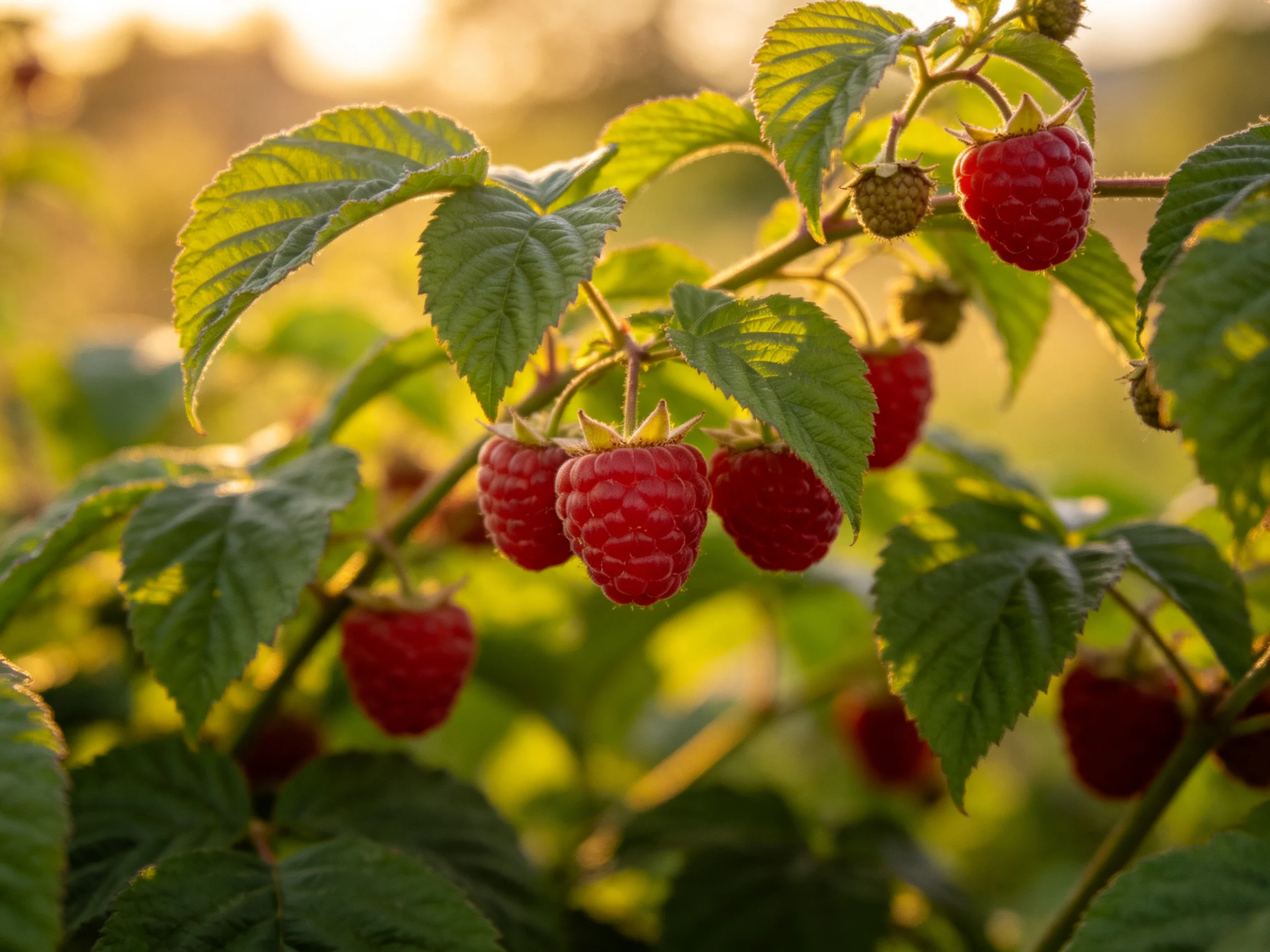 Ripe red raspberries cluster among vibrant green leaves in golden sunlight
