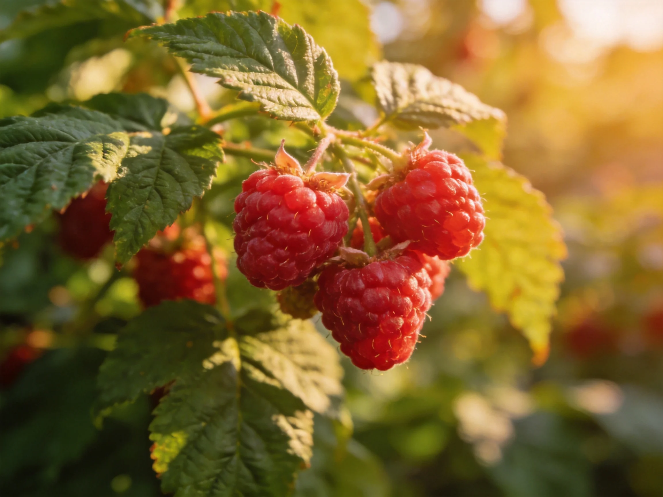 Ripe red raspberries cluster among vibrant green leaves in golden sunlight.