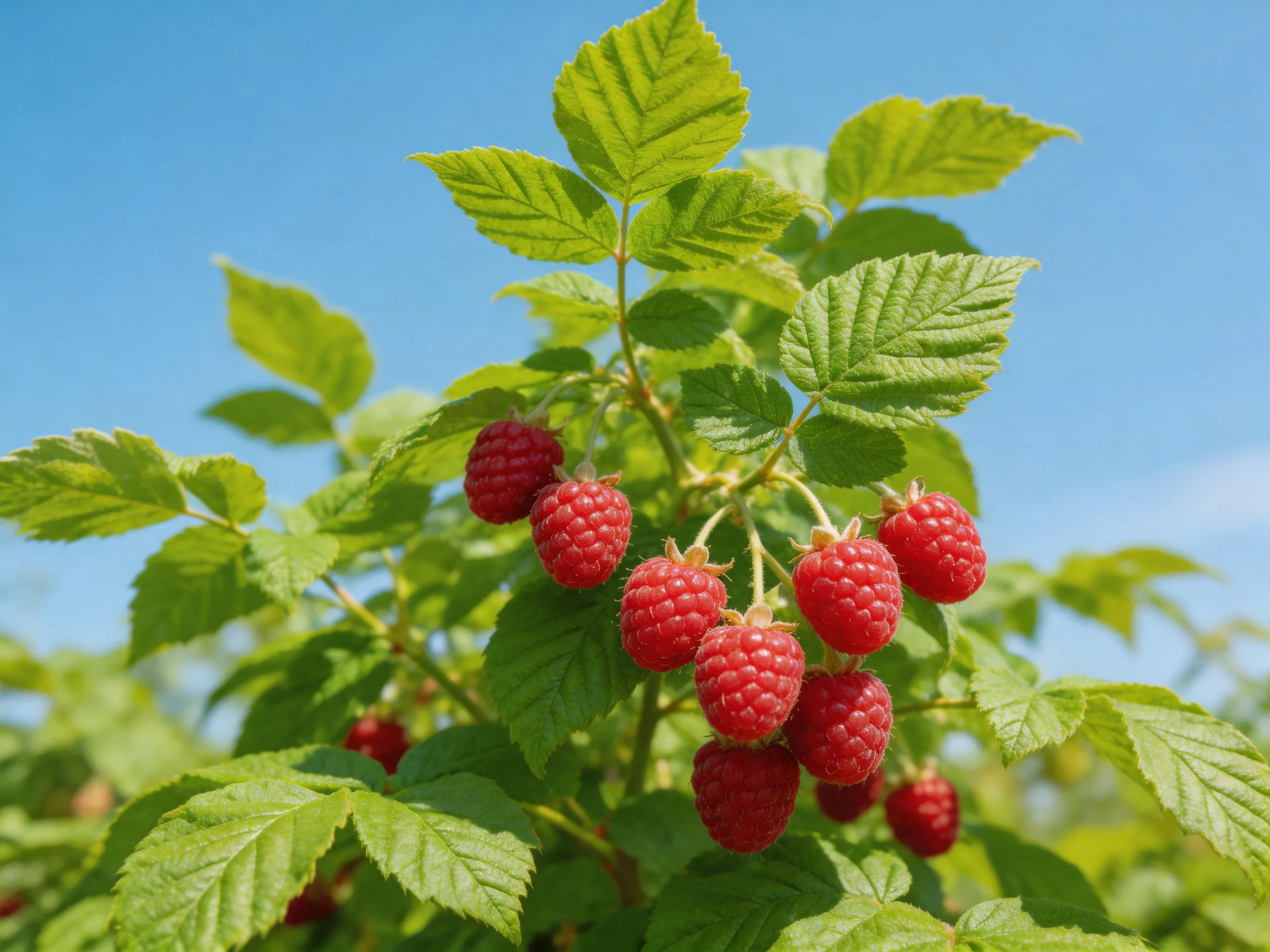 Ripe red raspberries cluster among vibrant green leaves under clear blue sky