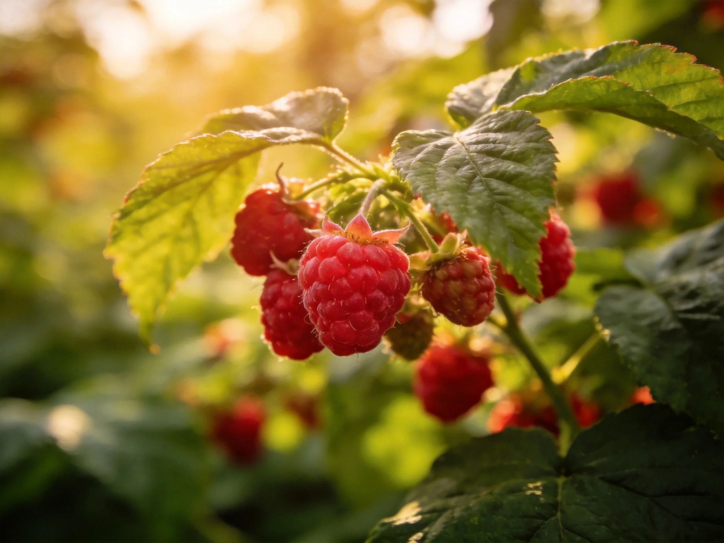 Ripe red raspberries cluster on lush green foliage in golden sunlight