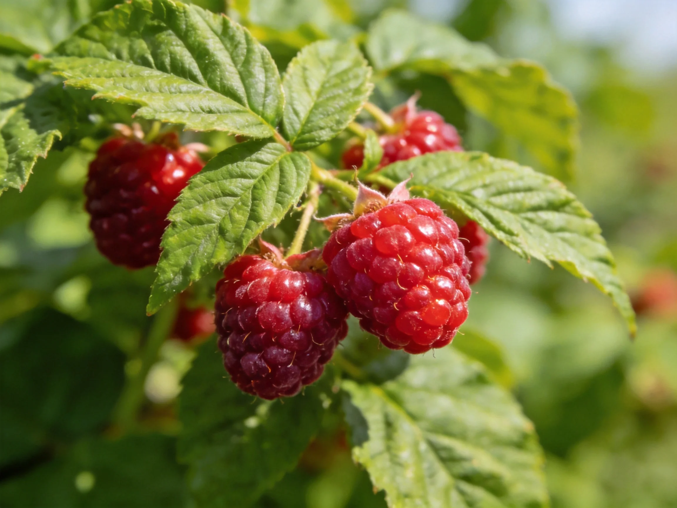 Ripe red raspberries clustered among vibrant green foliage