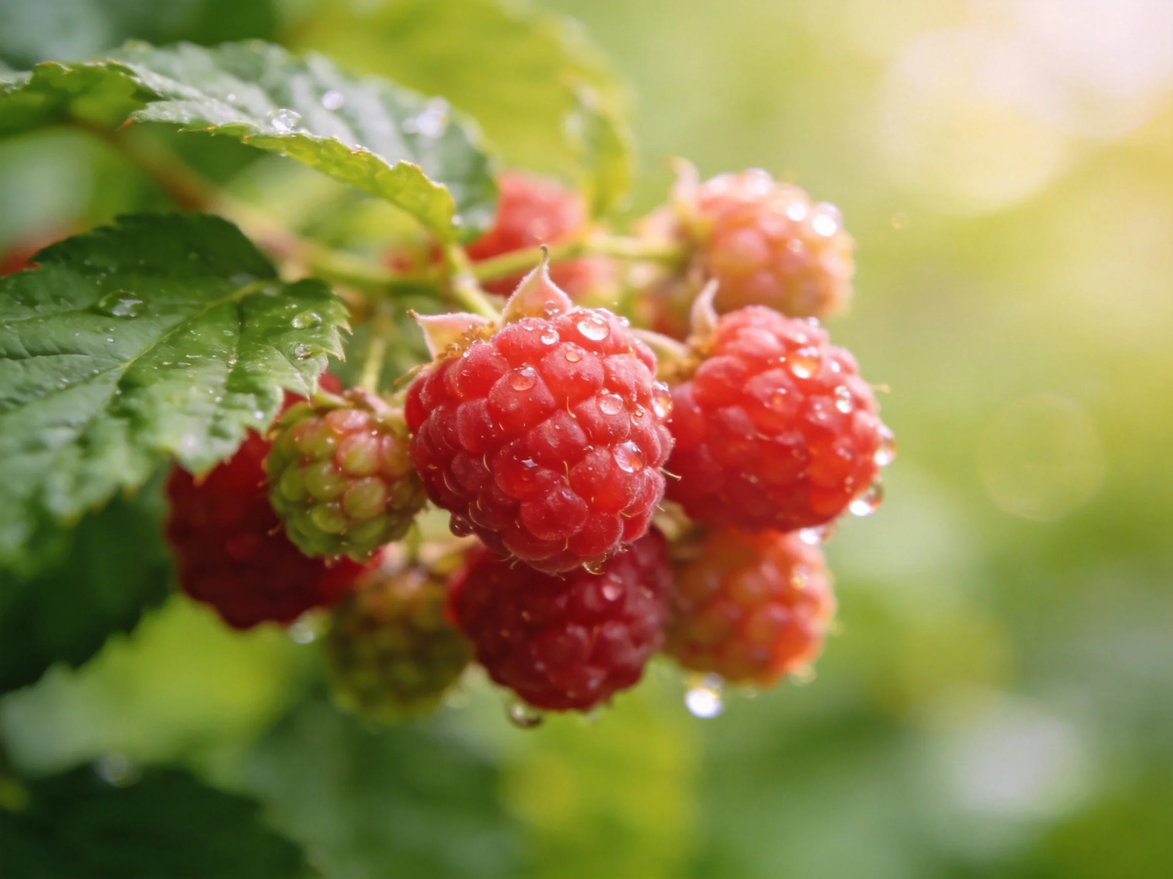 Ripe red raspberries glisten with dewdrops amid lush green foliage