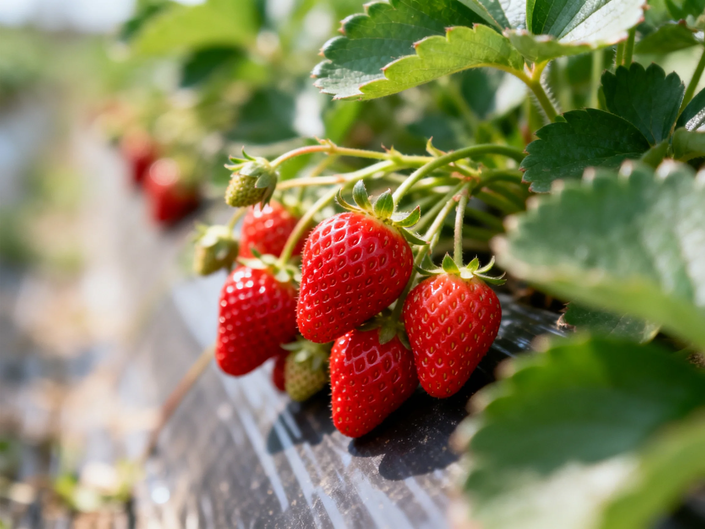 Ripe red strawberries cluster amid lush green foliage in a sunlit field