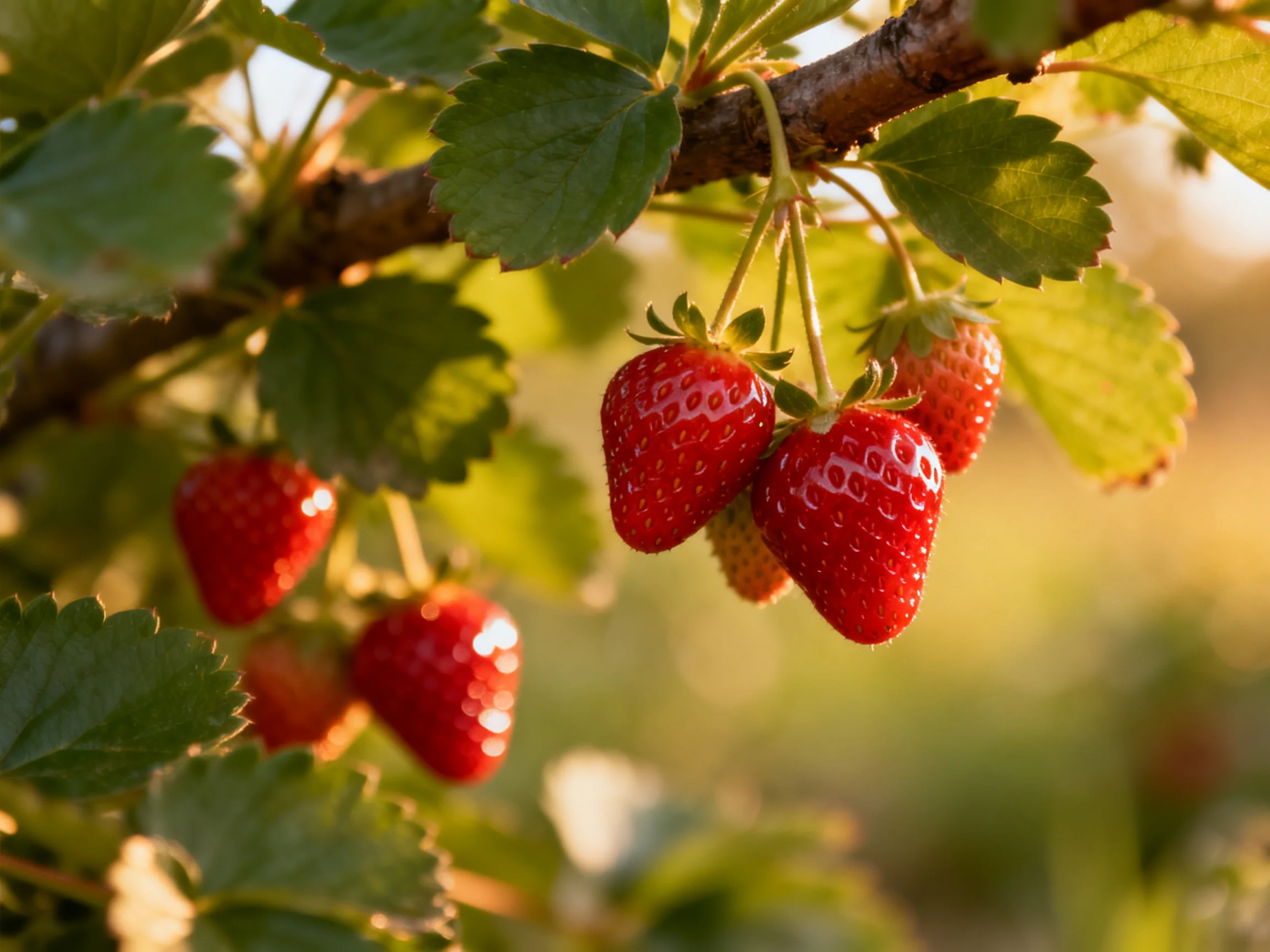 Ripe red strawberries cluster amid lush green foliage under golden sunlight