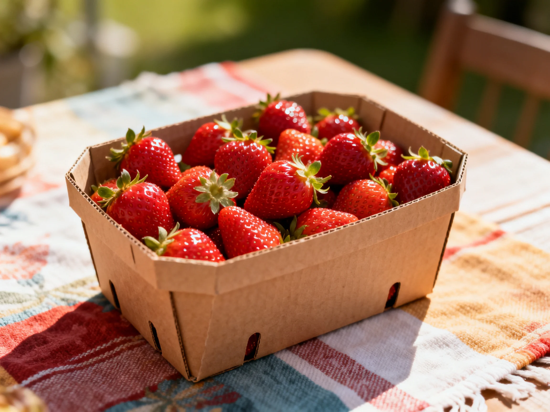 Ripe red strawberries fill a brown container on a multicolored cloth