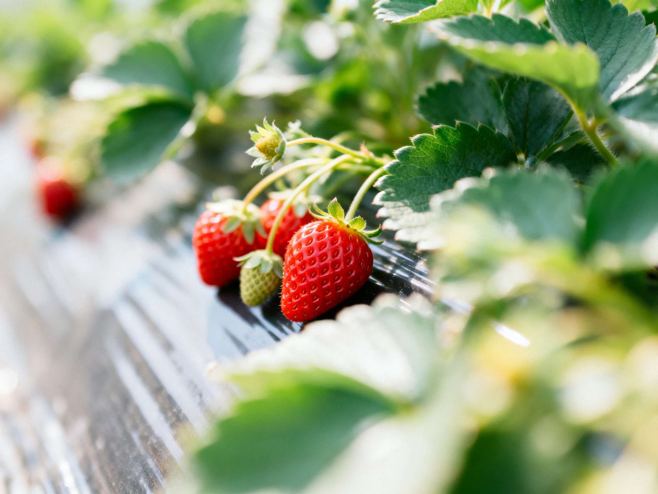 Ripe red strawberries grow among lush green leaves in a sunlit agricultural area.