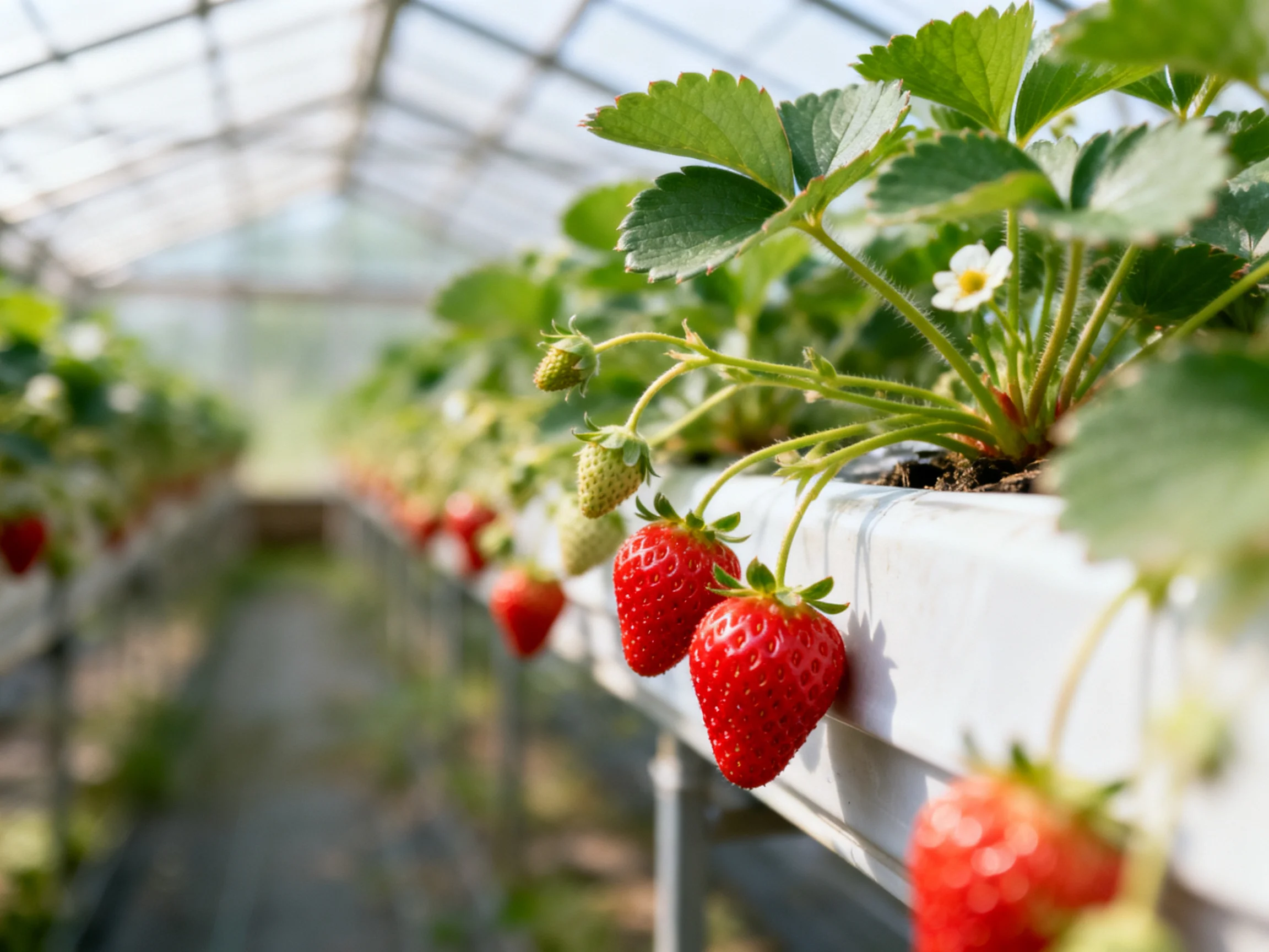 Ripe red strawberries growing in a sunlit greenhouse