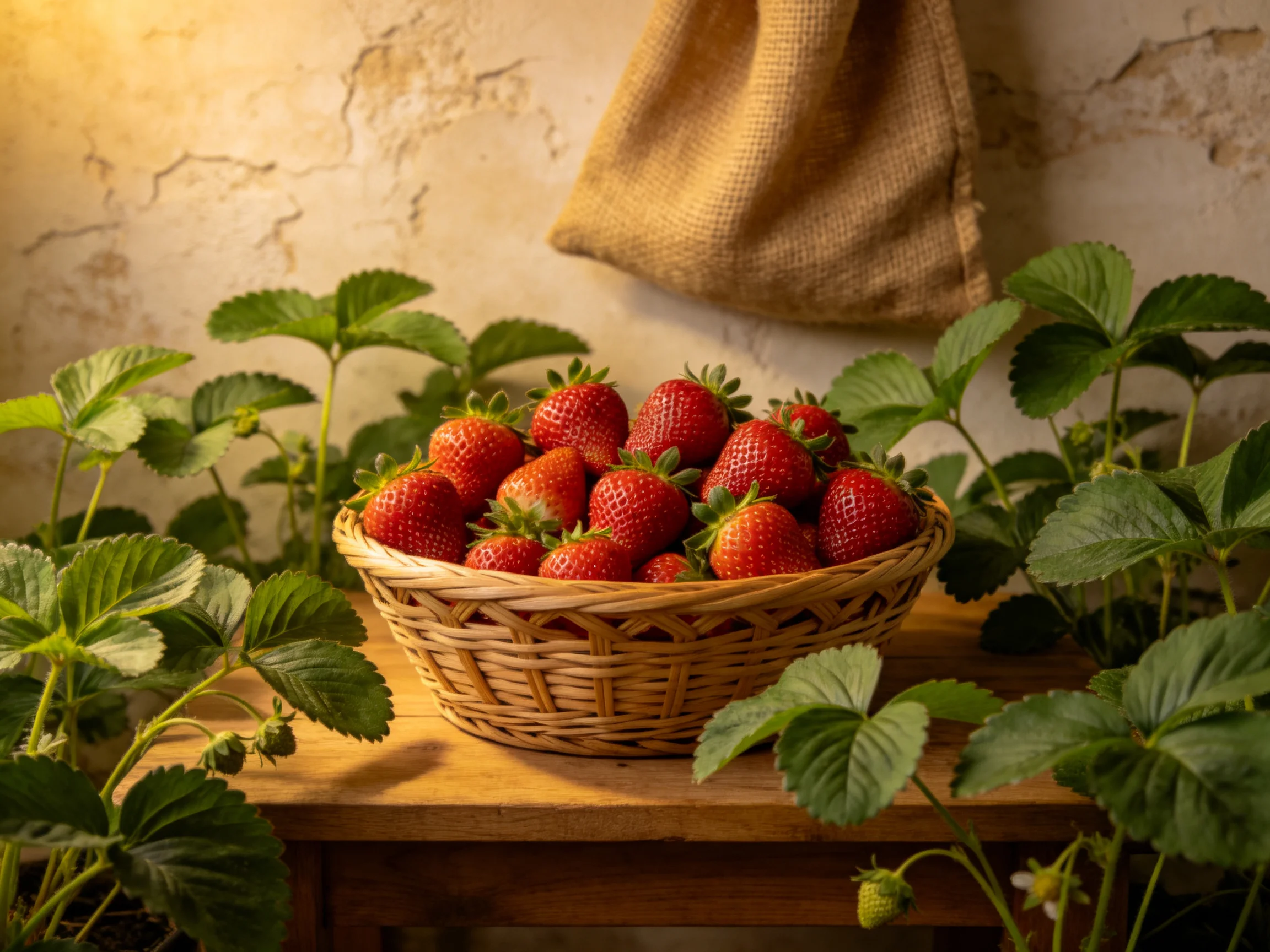 Ripe red strawberries in a wicker basket near green plants
