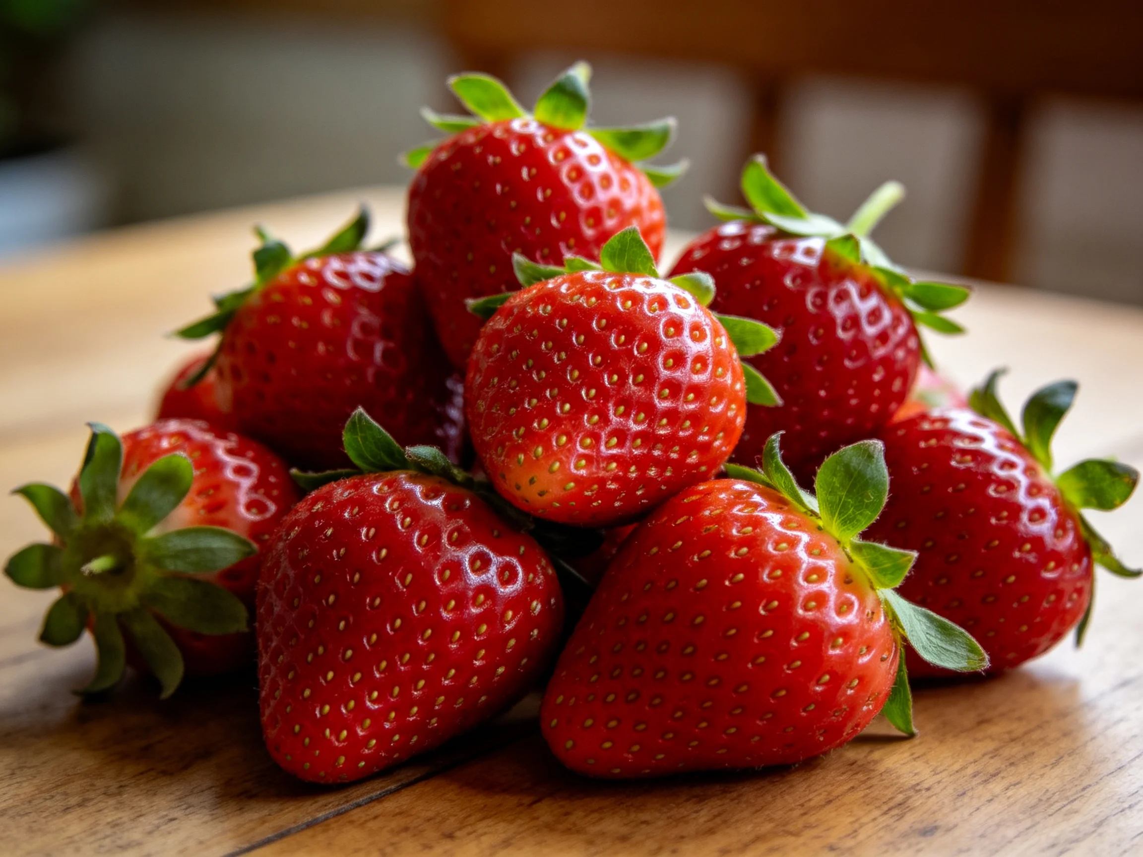 Ripe red strawberries piled abundantly on a wooden table