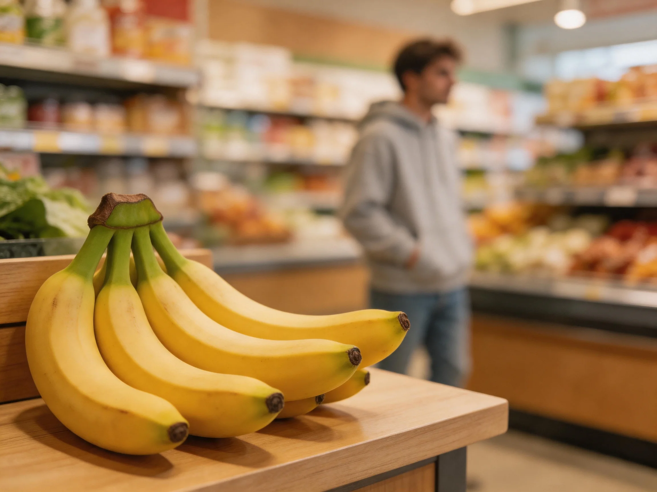 Ripe yellow bananas displayed in a well-lit grocery store