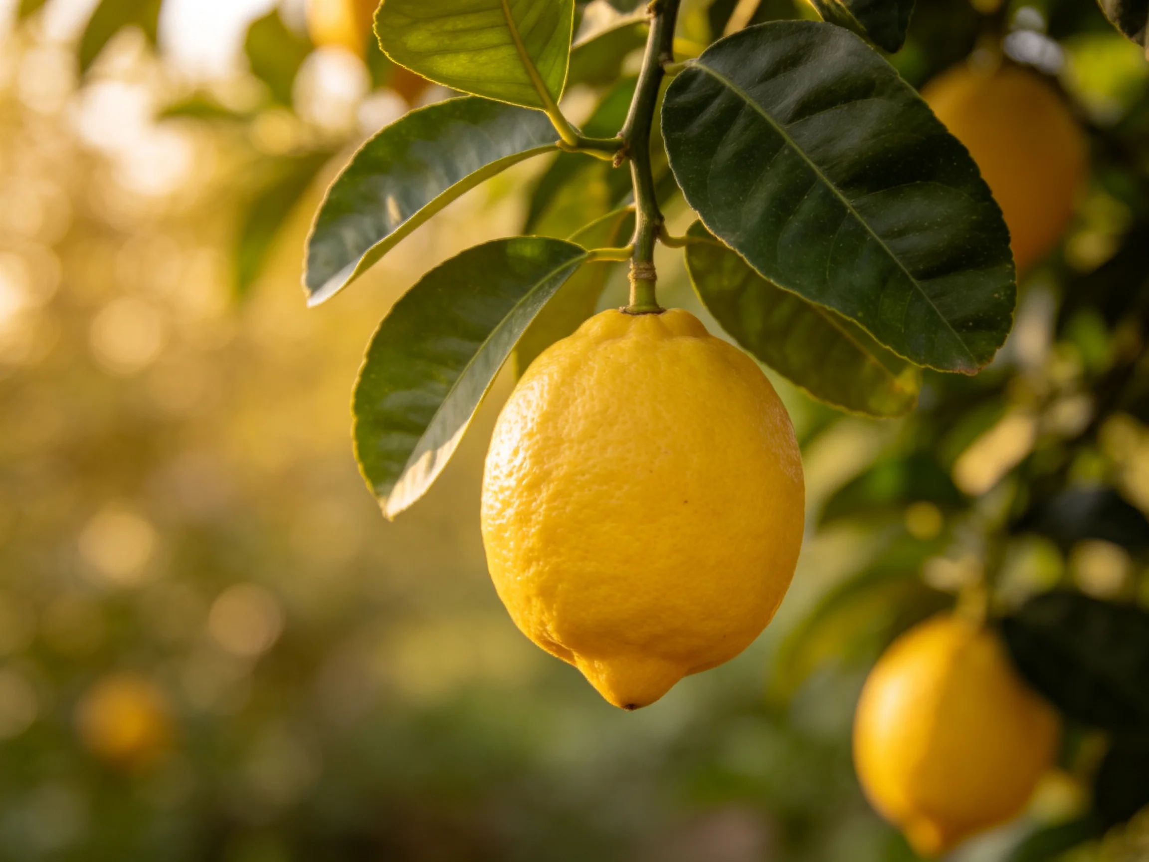 Ripe yellow lemons hang from a leafy citrus tree in golden light