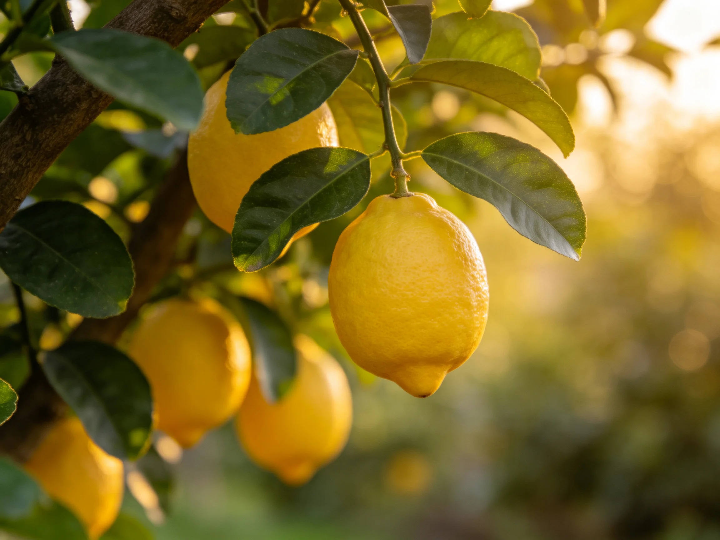 Ripe yellow lemons hang from a leafy citrus tree in golden sunlight