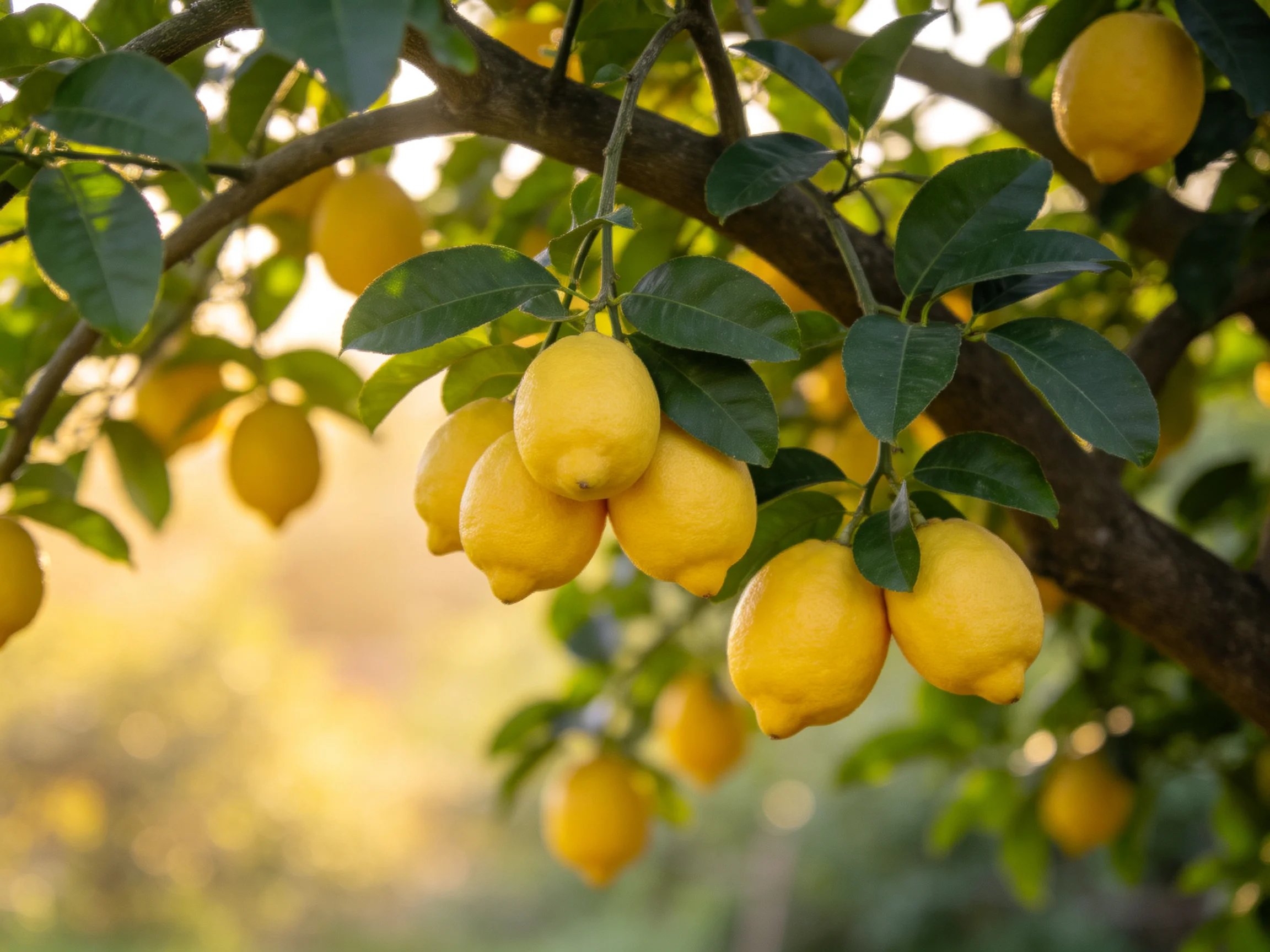 Ripe yellow lemons hang from a leafy citrus tree