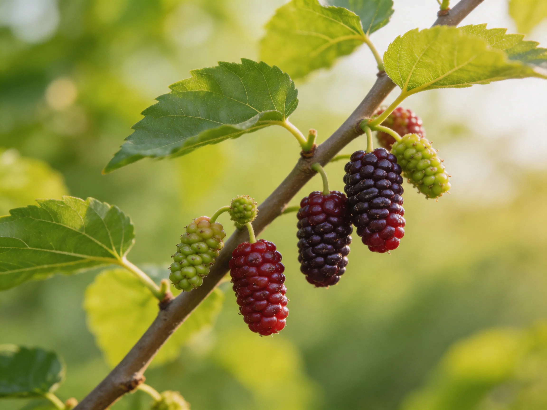 Ripening mulberries display green, red, and dark purple hues on a branch