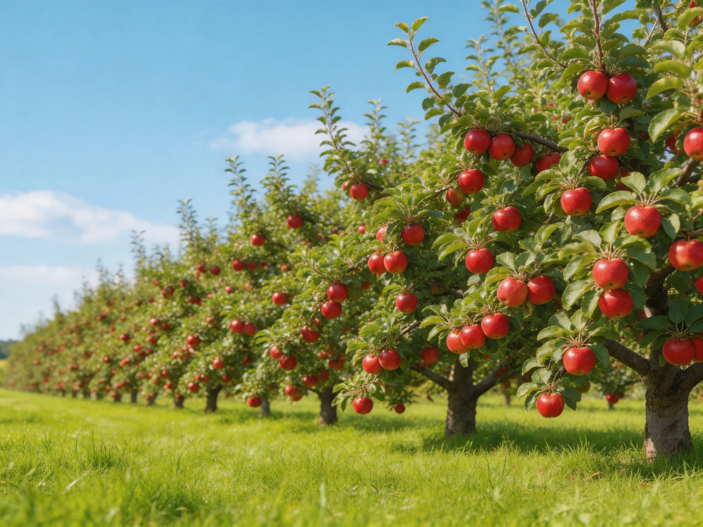 Rows of lush apple trees bear vibrant red fruits under clear blue skies