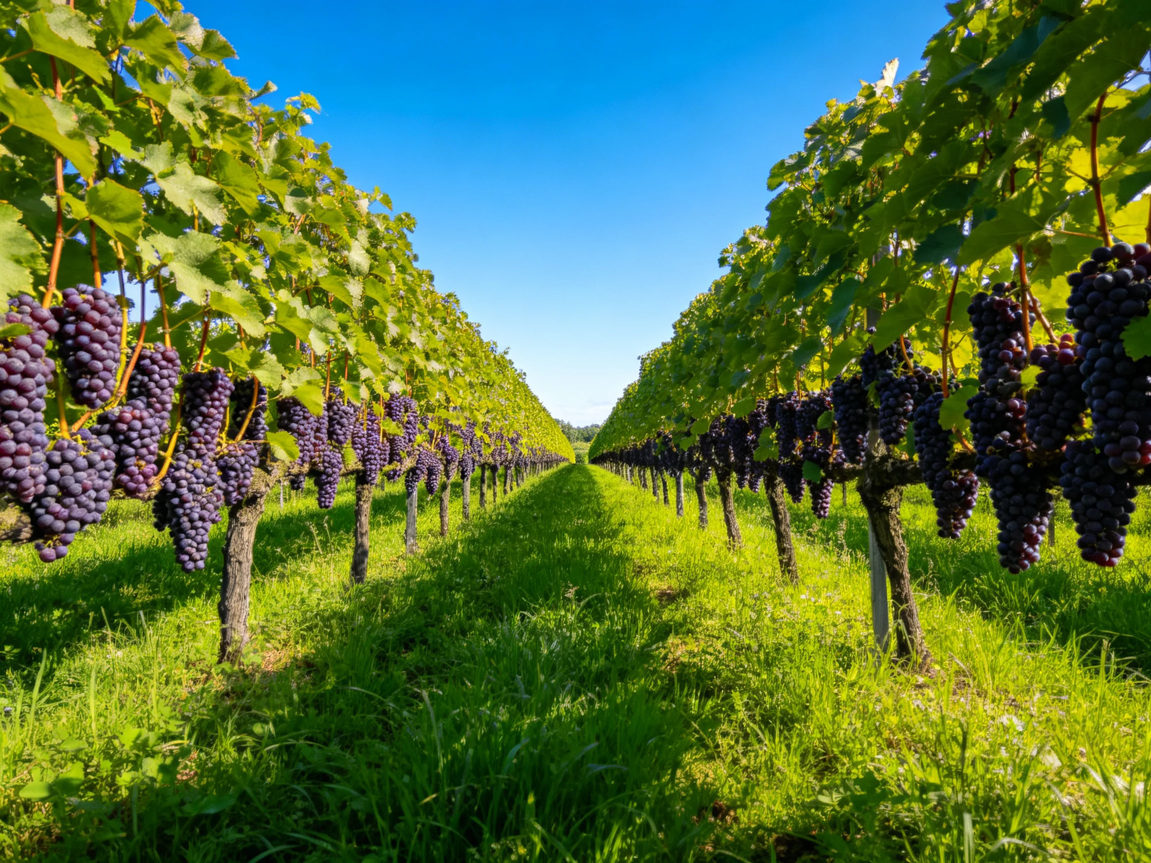 Rows of lush grapevines bearing abundant dark purple grapes under clear blue skies