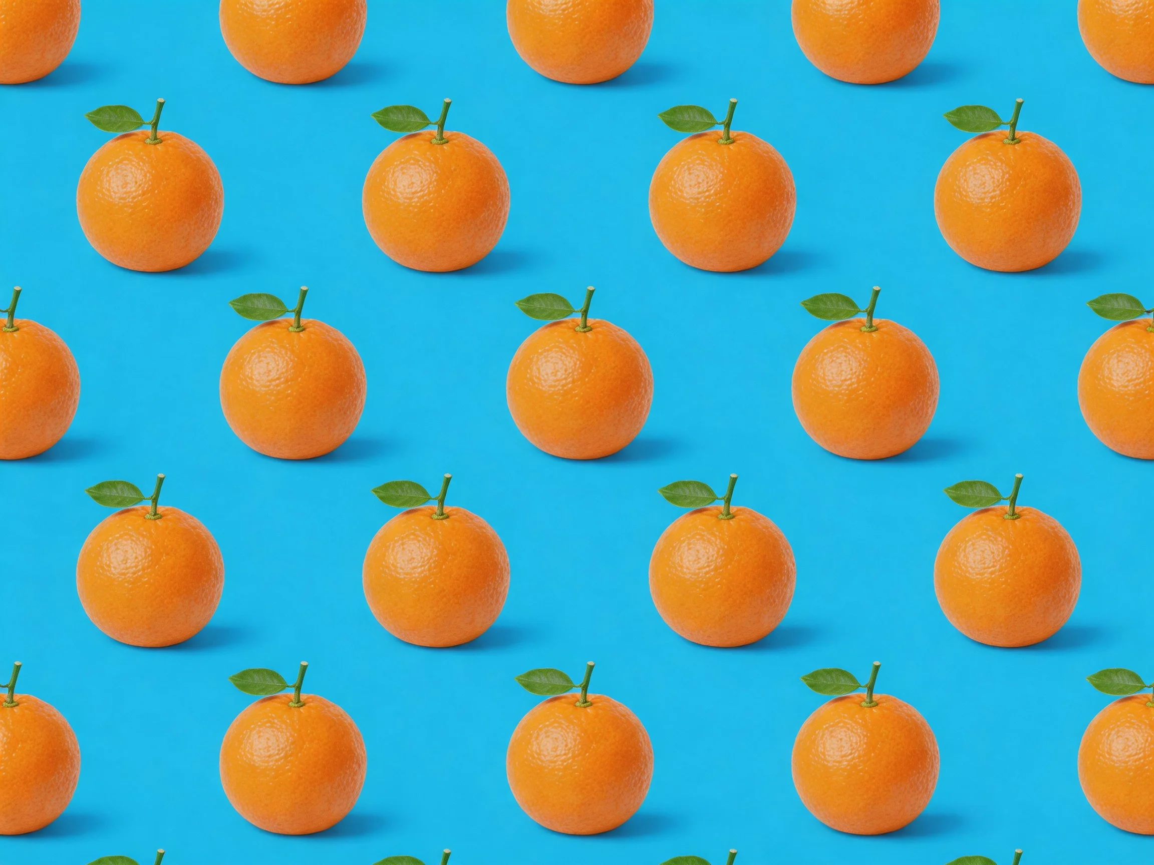 Rows of vibrant orange citrus fruits arranged uniformly on a bright blue surface