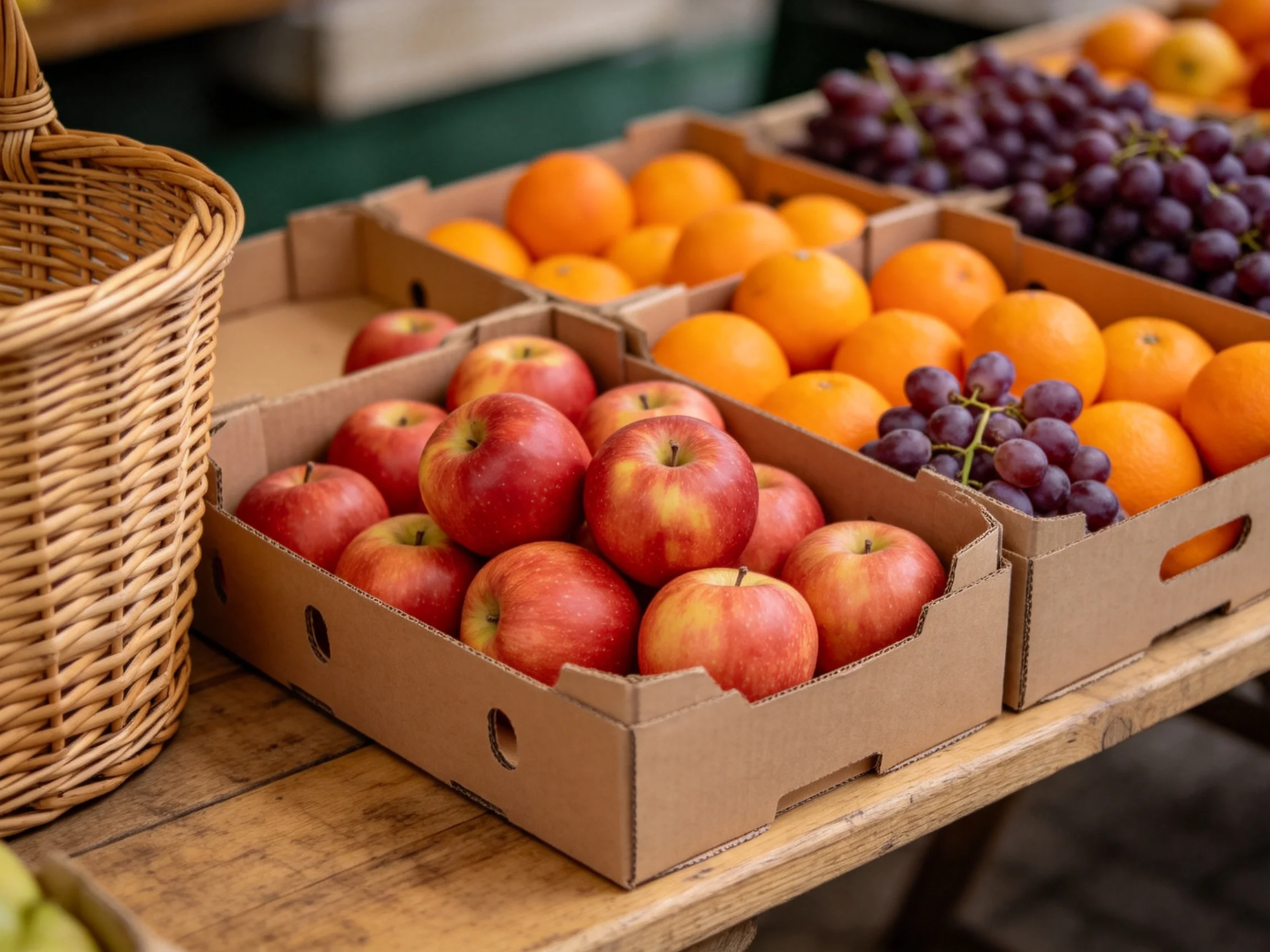 Rustic table holds boxes of red apples, orange oranges, and purple grapes