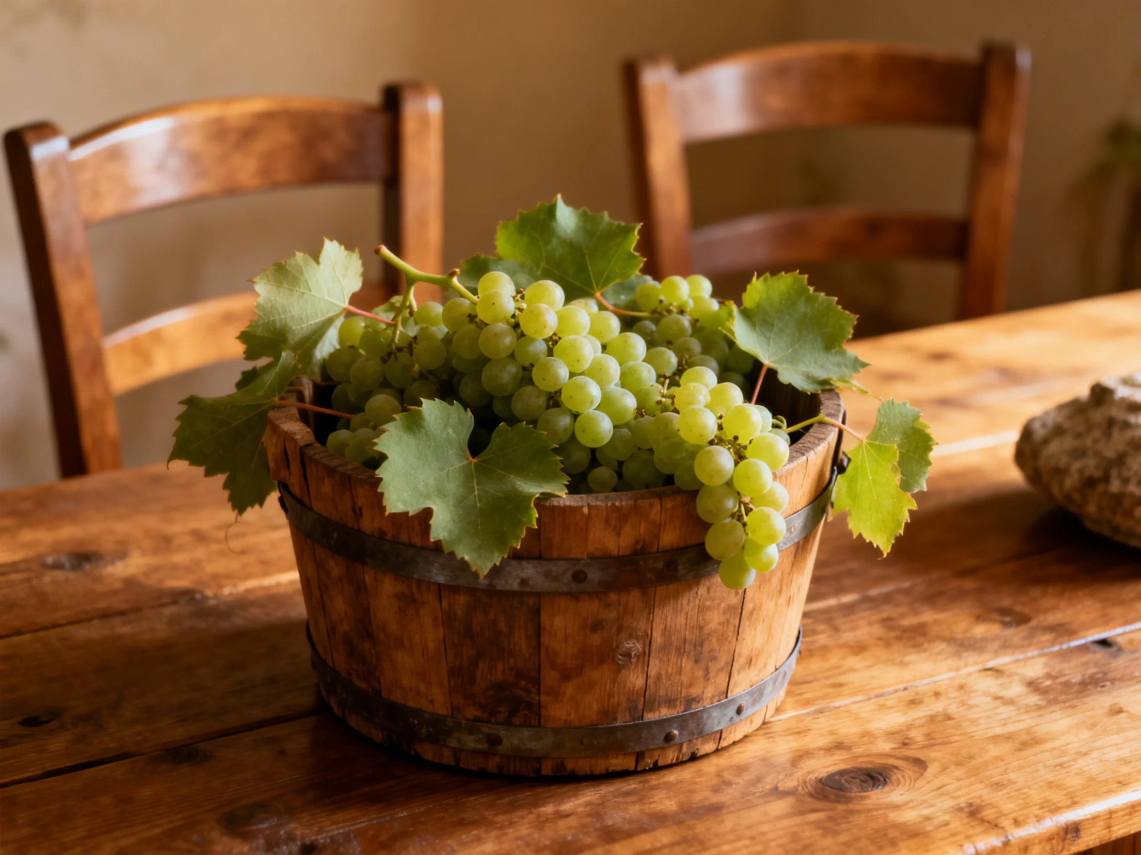 Rustic wooden barrel overflowing with fresh green grapes on a wooden table