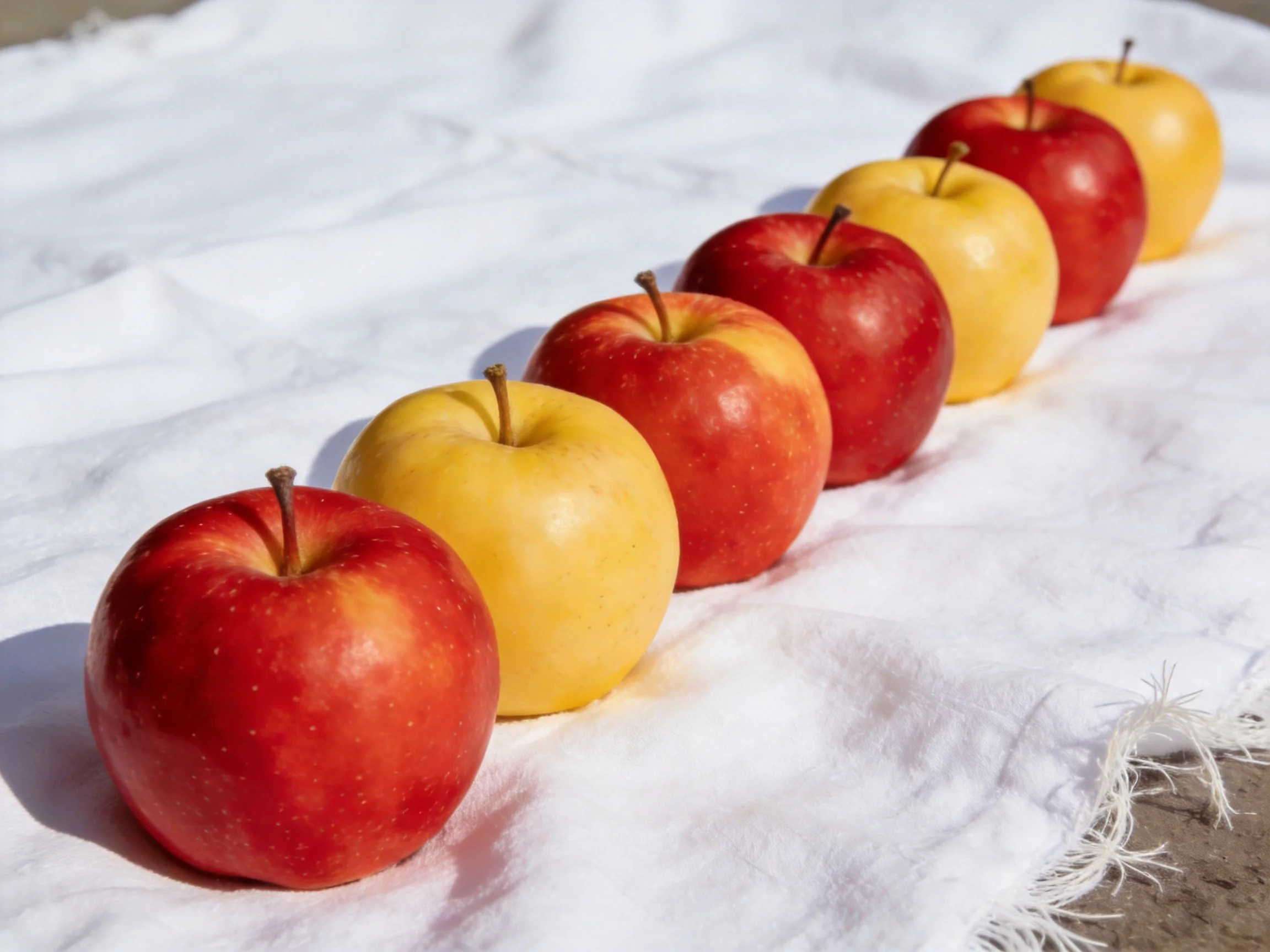 Seven alternating red and yellow apples arranged on a white fabric