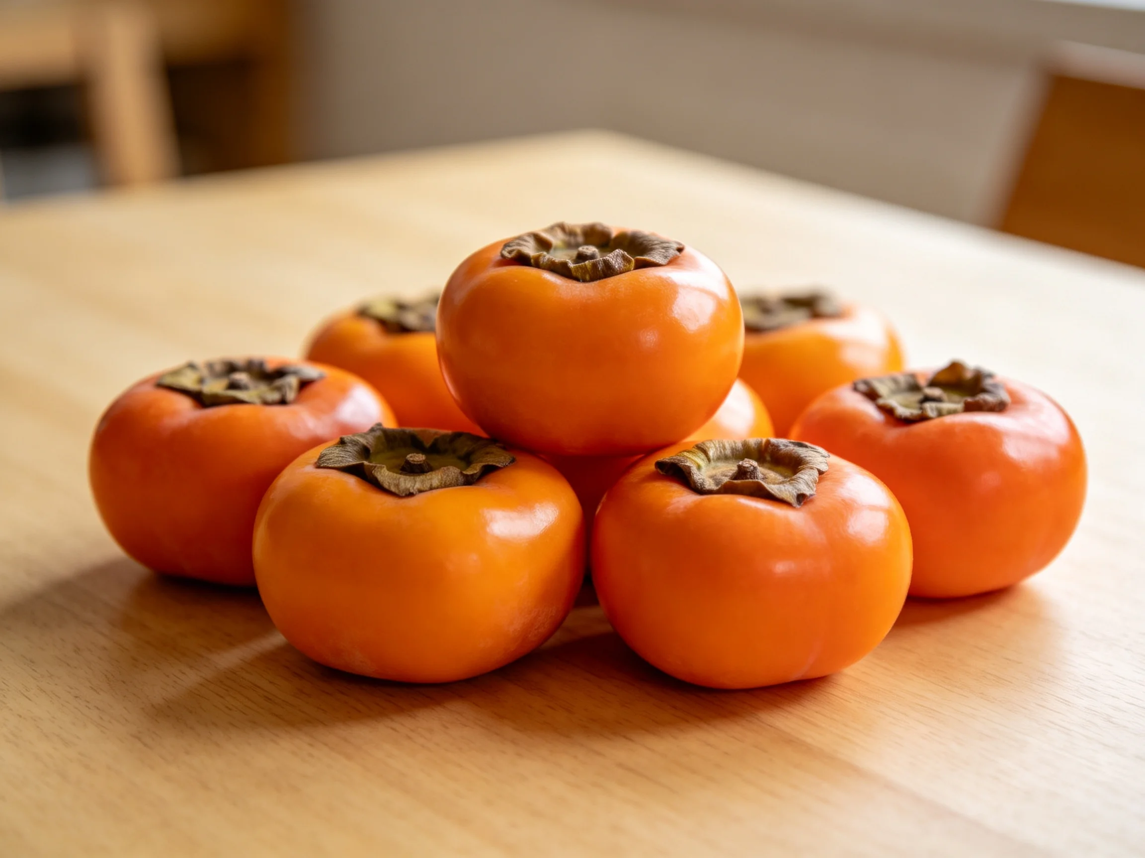 Seven bright orange persimmons arranged on a wooden table