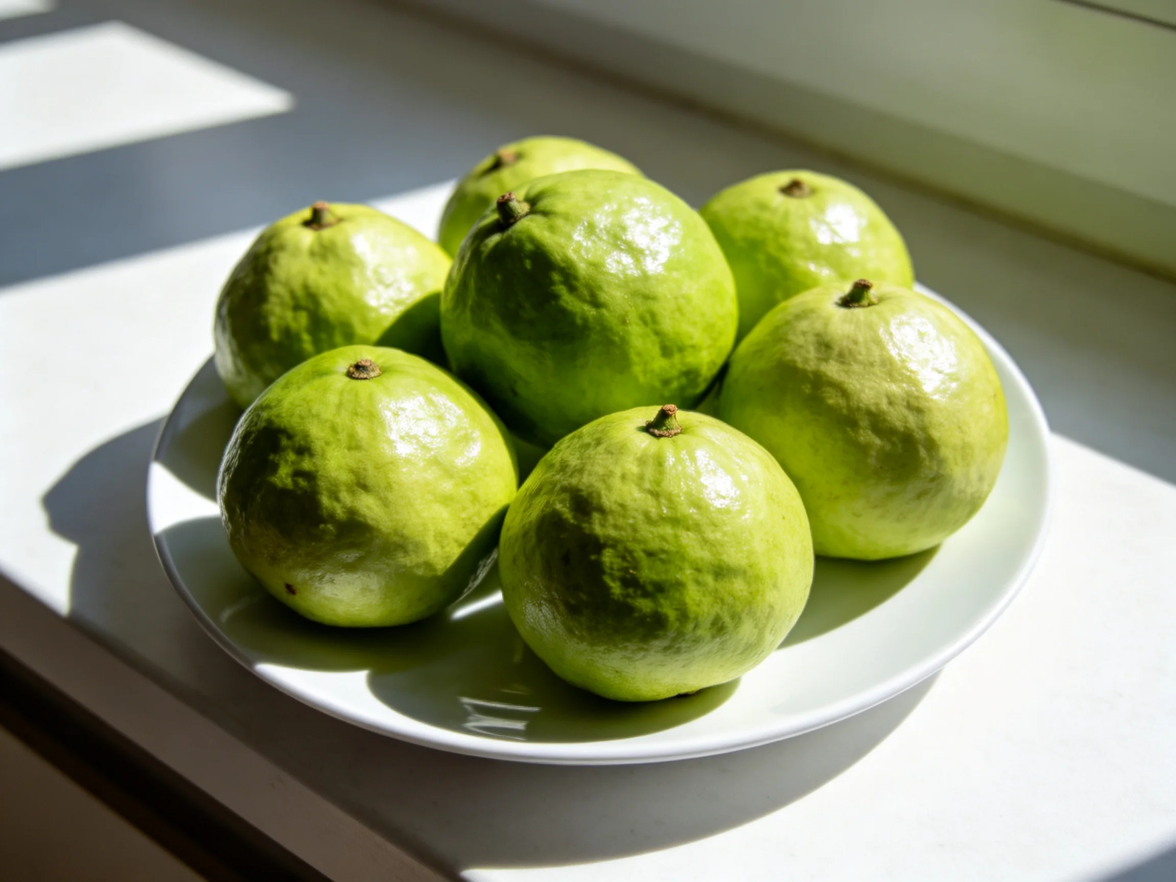 Seven fresh green guavas displayed on a white plate by a sunlit window