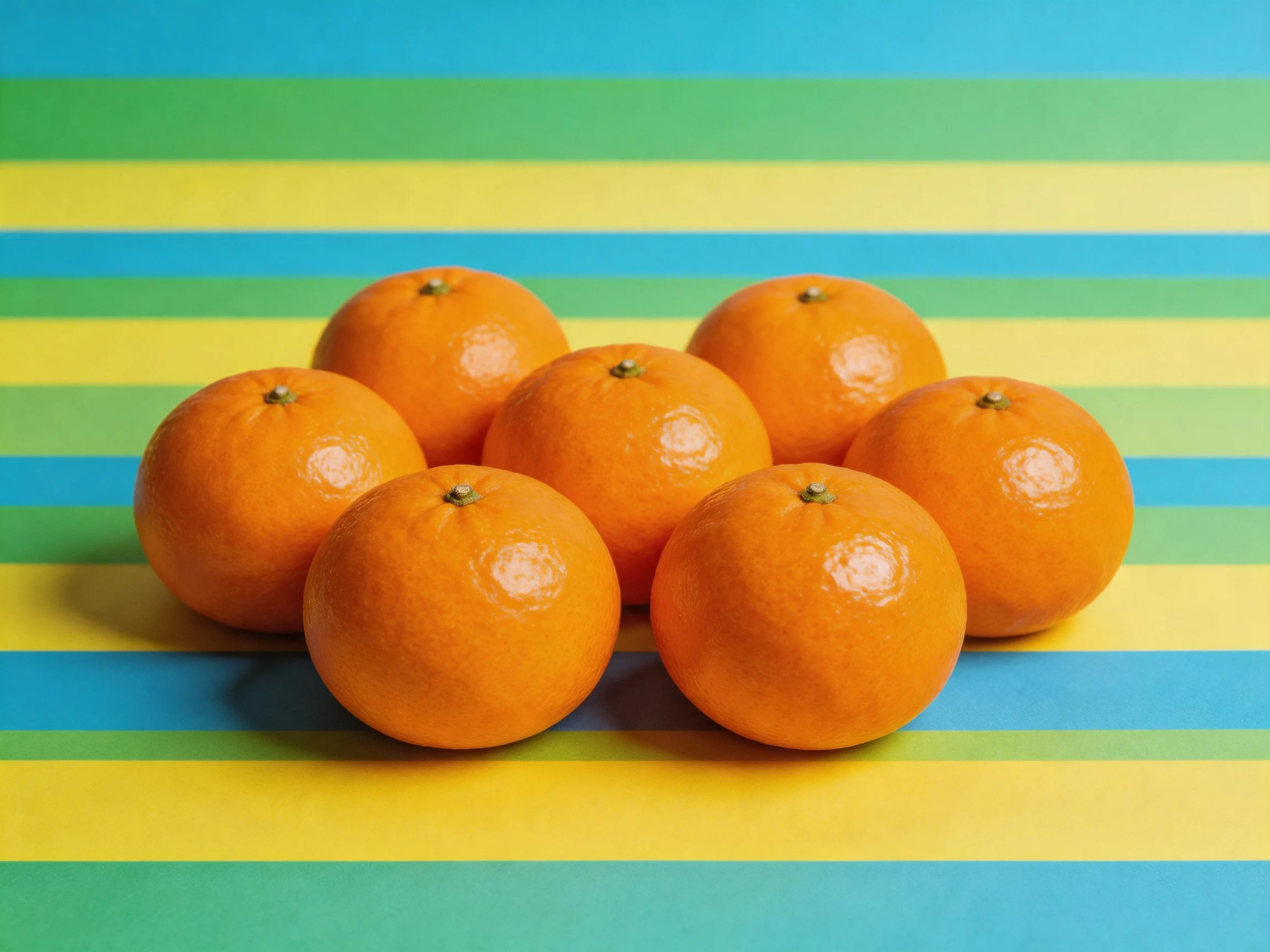 Seven glossy oranges grouped on multicolored horizontal stripes