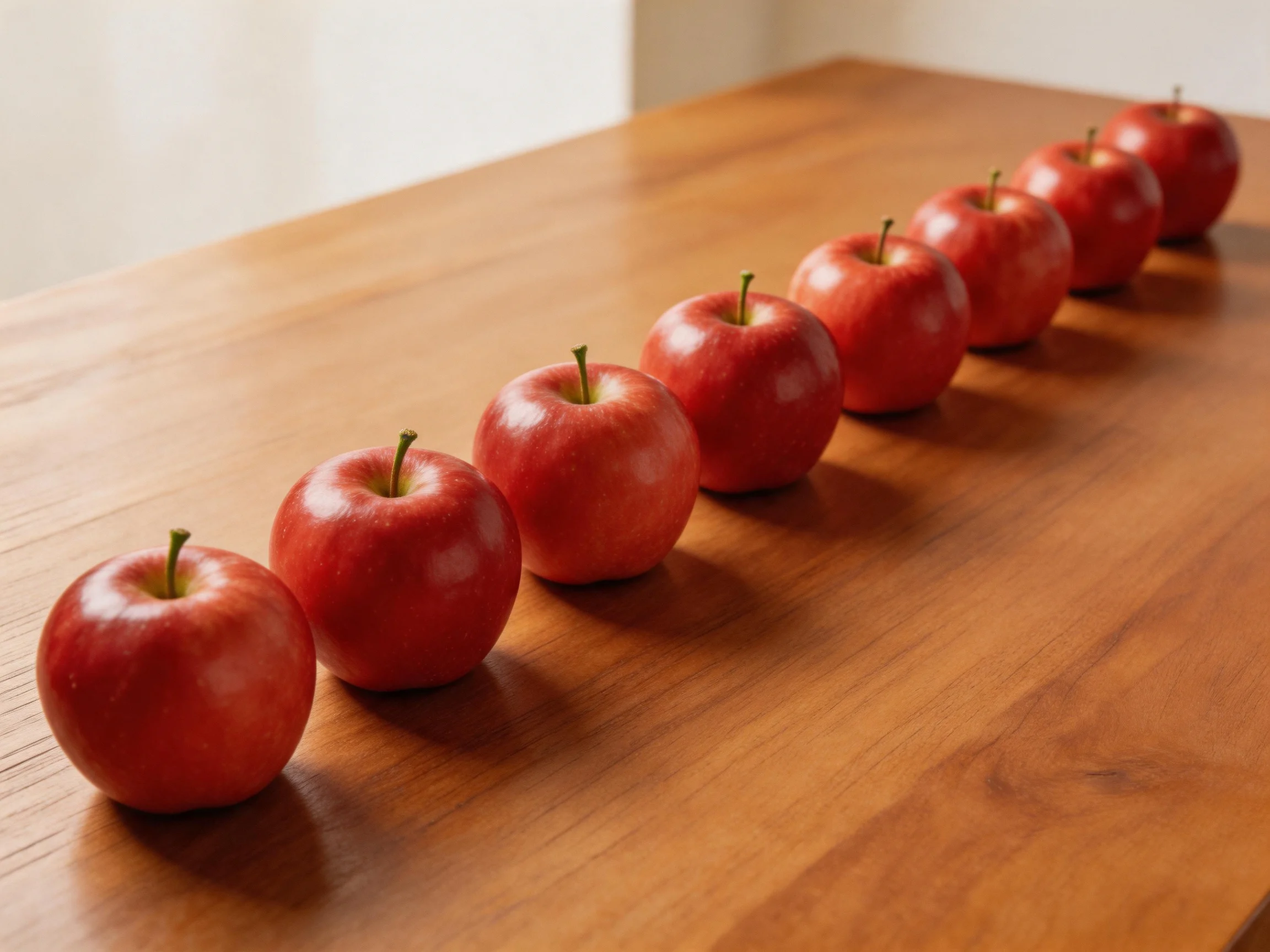 Seven glossy red apples are neatly lined up on a wooden table