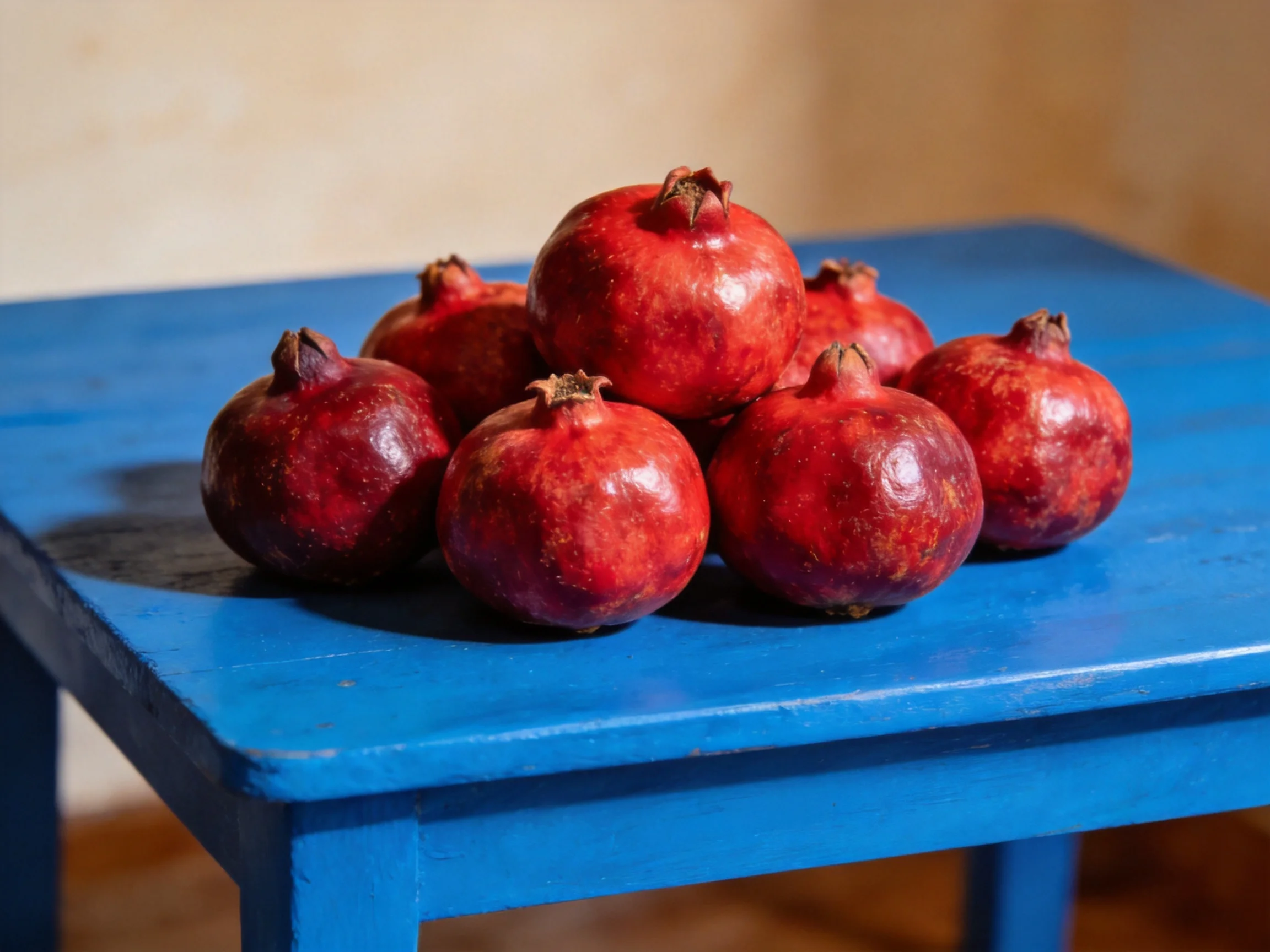 Seven glossy red pomegranates stacked on a vivid blue table