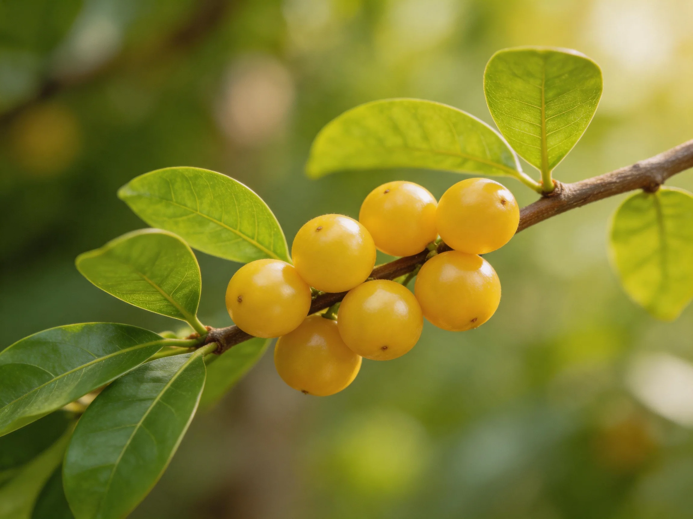 Seven golden berries cluster on a brown tree branch with glossy green leaves