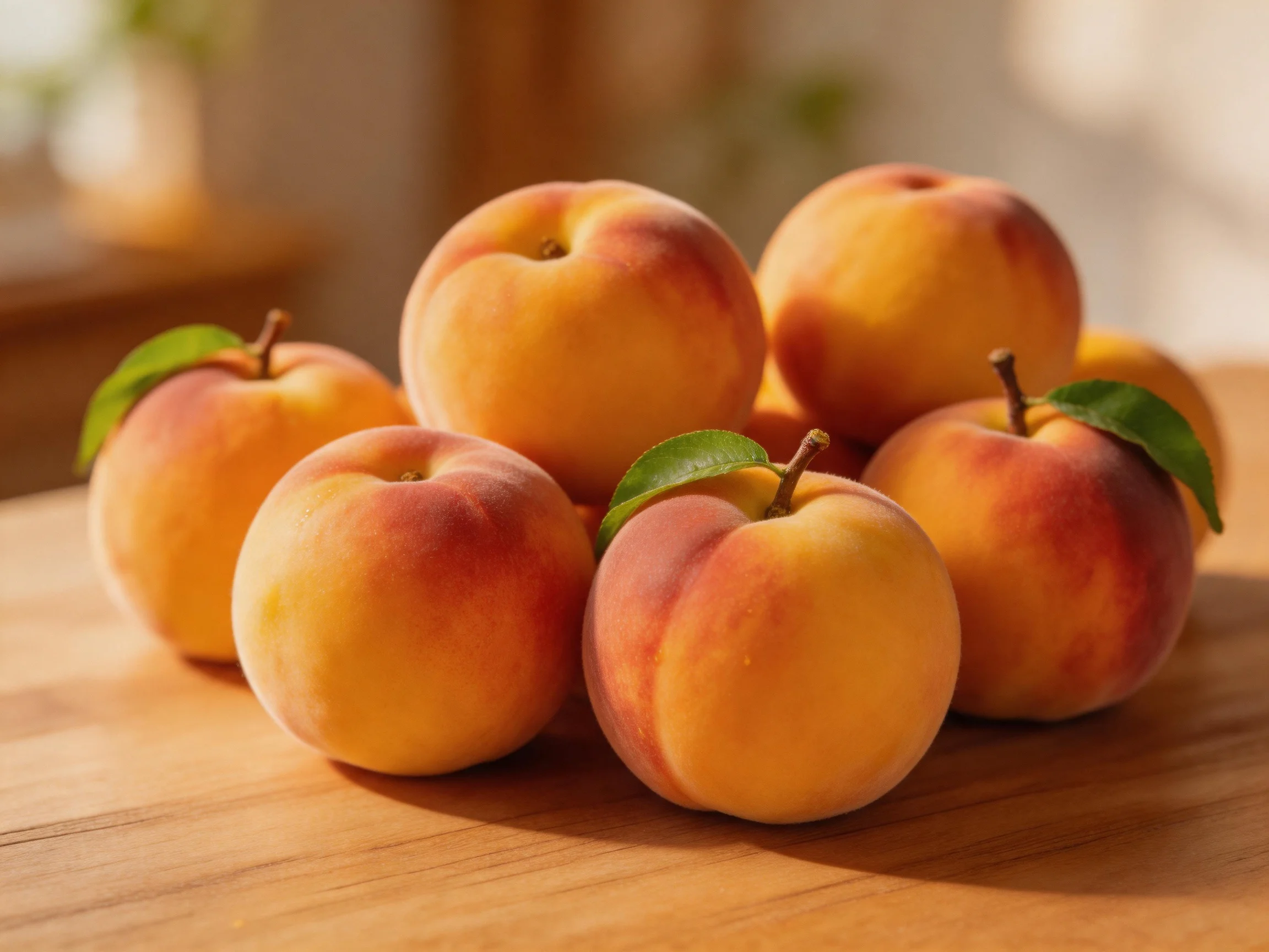 Seven plump peaches with orange and reddish tones arranged on a wooden table