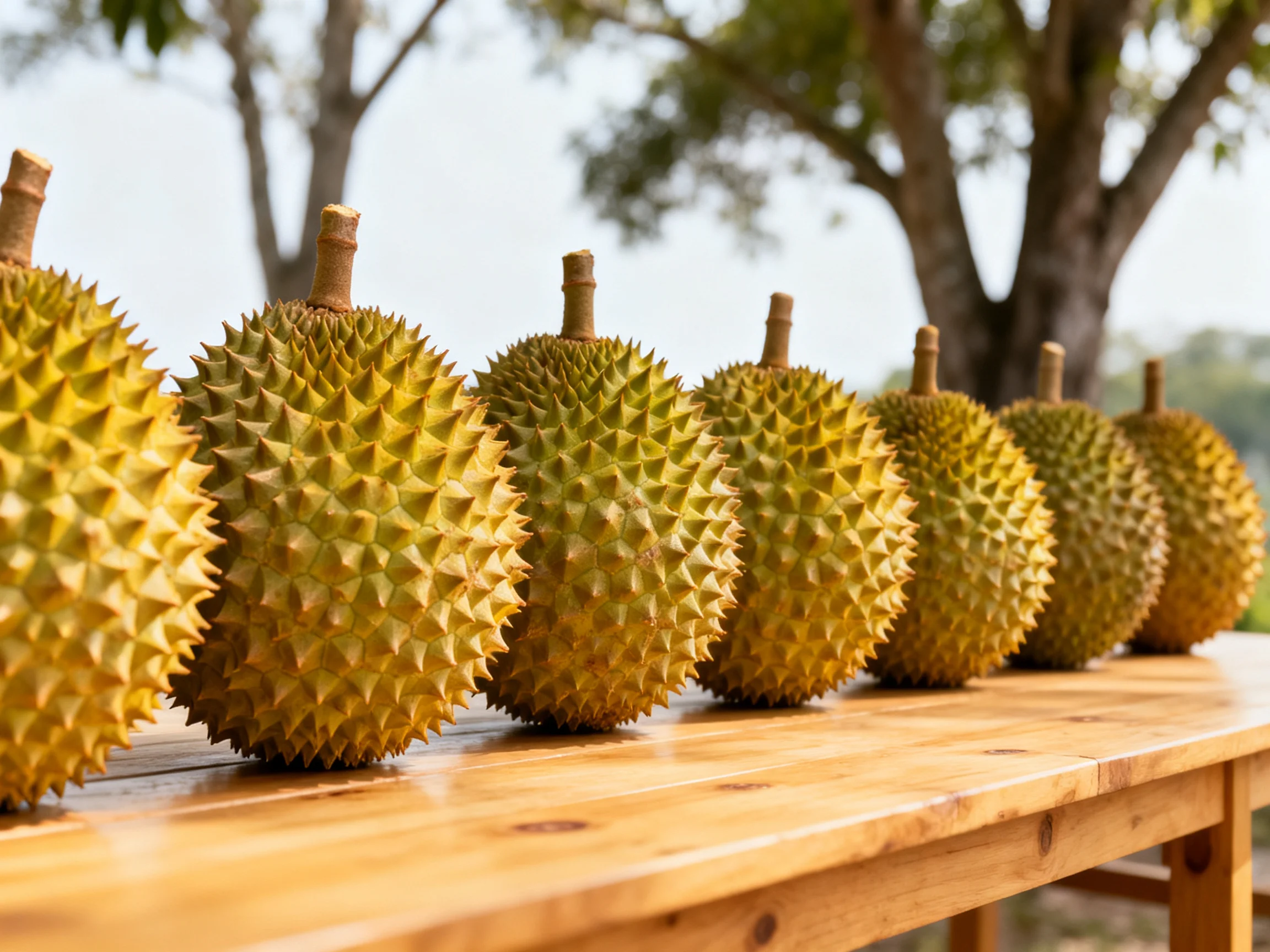 Seven spiky yellow-green durians displayed on a wooden outdoor table