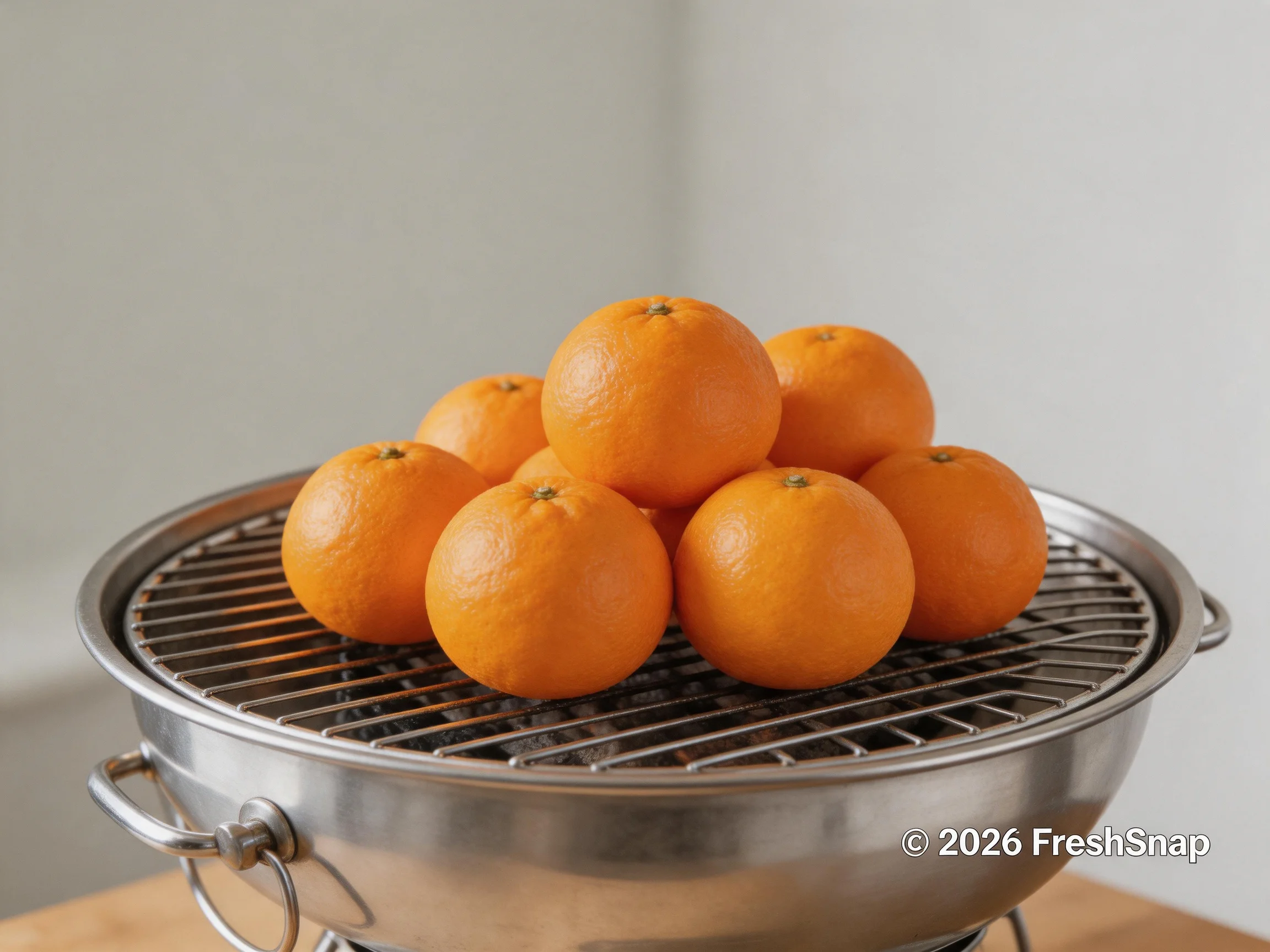 Seven vibrant orange fruits stacked on a stainless steel grill