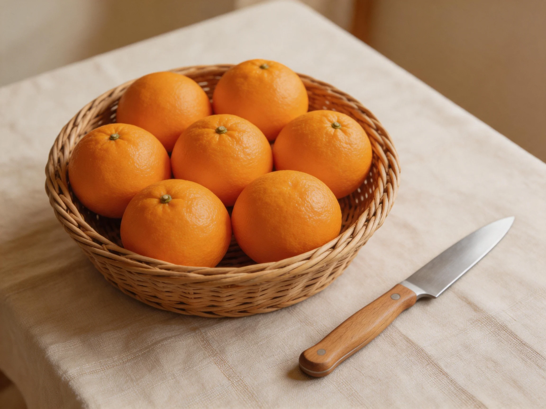 Seven vibrant oranges in a woven wicker basket beside a kitchen knife