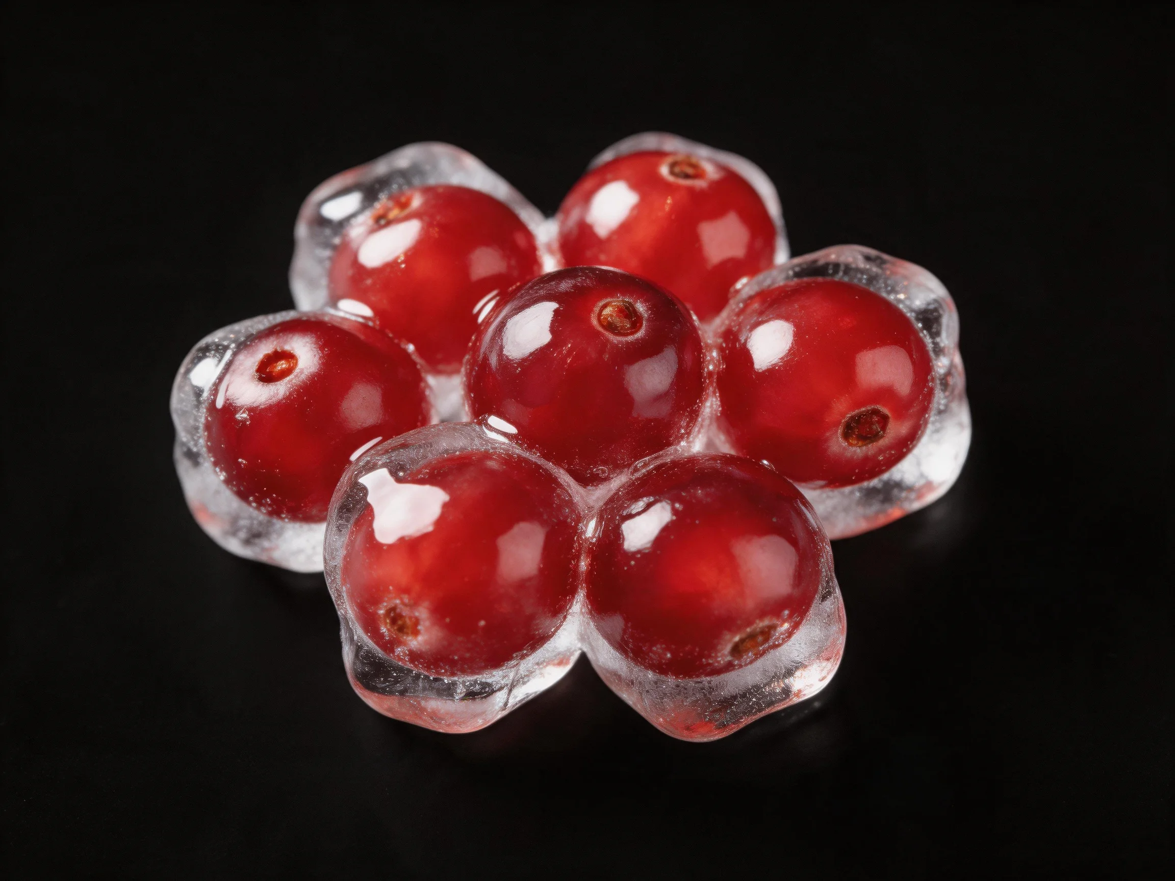 Seven vibrant red berries encased in clear ice cubes on a dark background